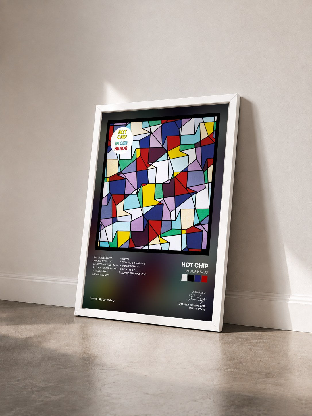 #blanc Tableau de l'album In Our Heads de Hot Chip vu de trois quarts, cadre blanc