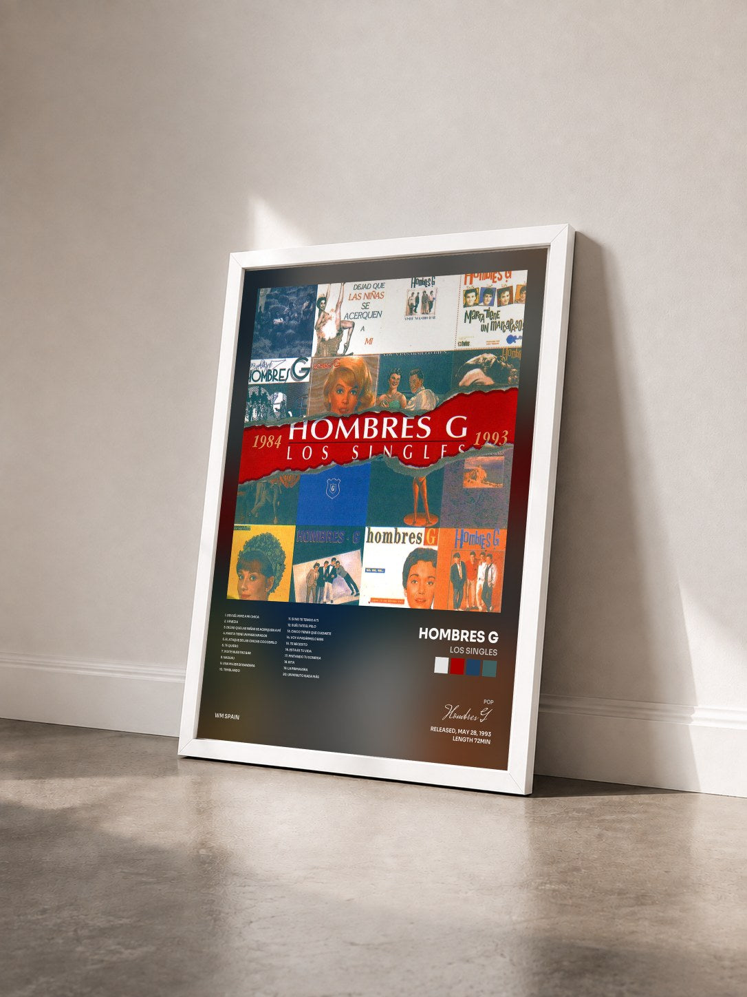 #blanc Tableau de l'album Los Singles de Hombres G vu de trois quarts, cadre blanc