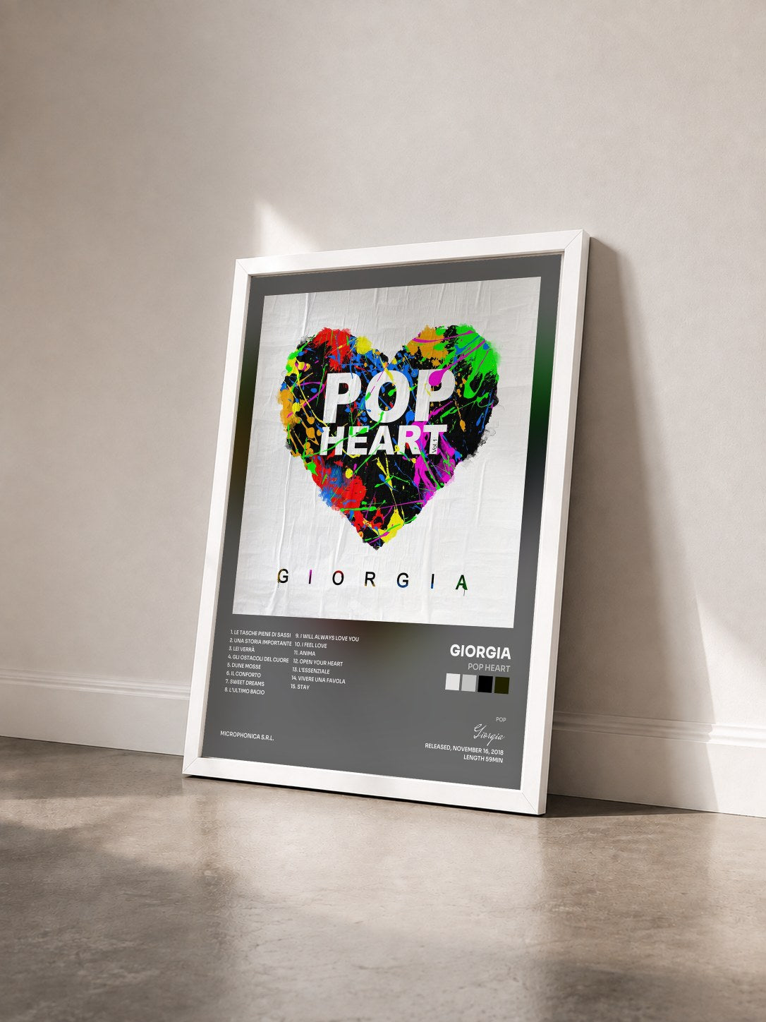 #blanc Tableau de l'album Pop Heart de Giorgia vu de trois quarts, cadre blanc