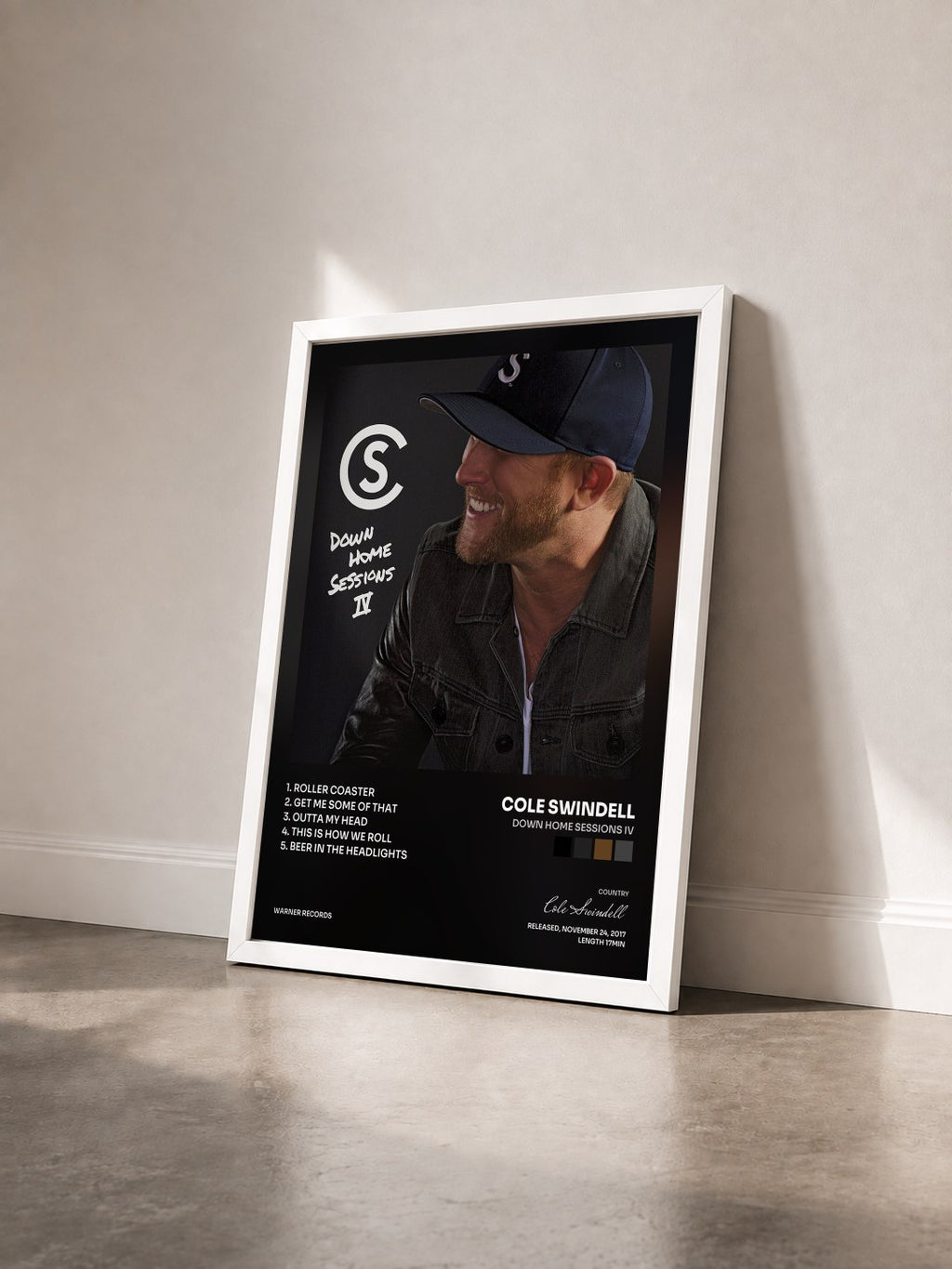 #blanc Tableau de l'album Down Home Sessions IV de Cole Swindell vu de trois quarts, cadre blanc