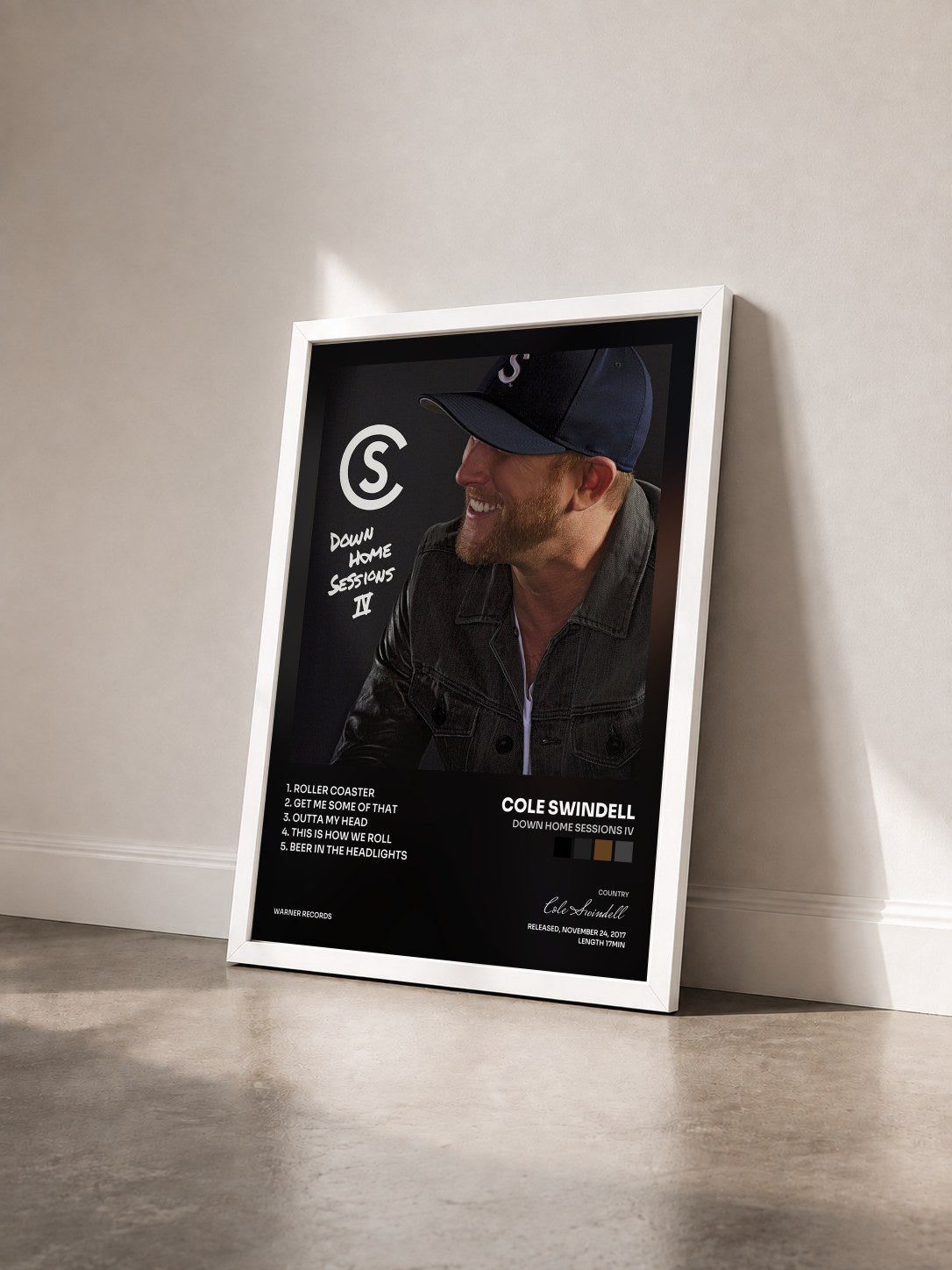 #blanc Tableau de l'album Down Home Sessions IV de Cole Swindell vu de trois quarts, cadre blanc