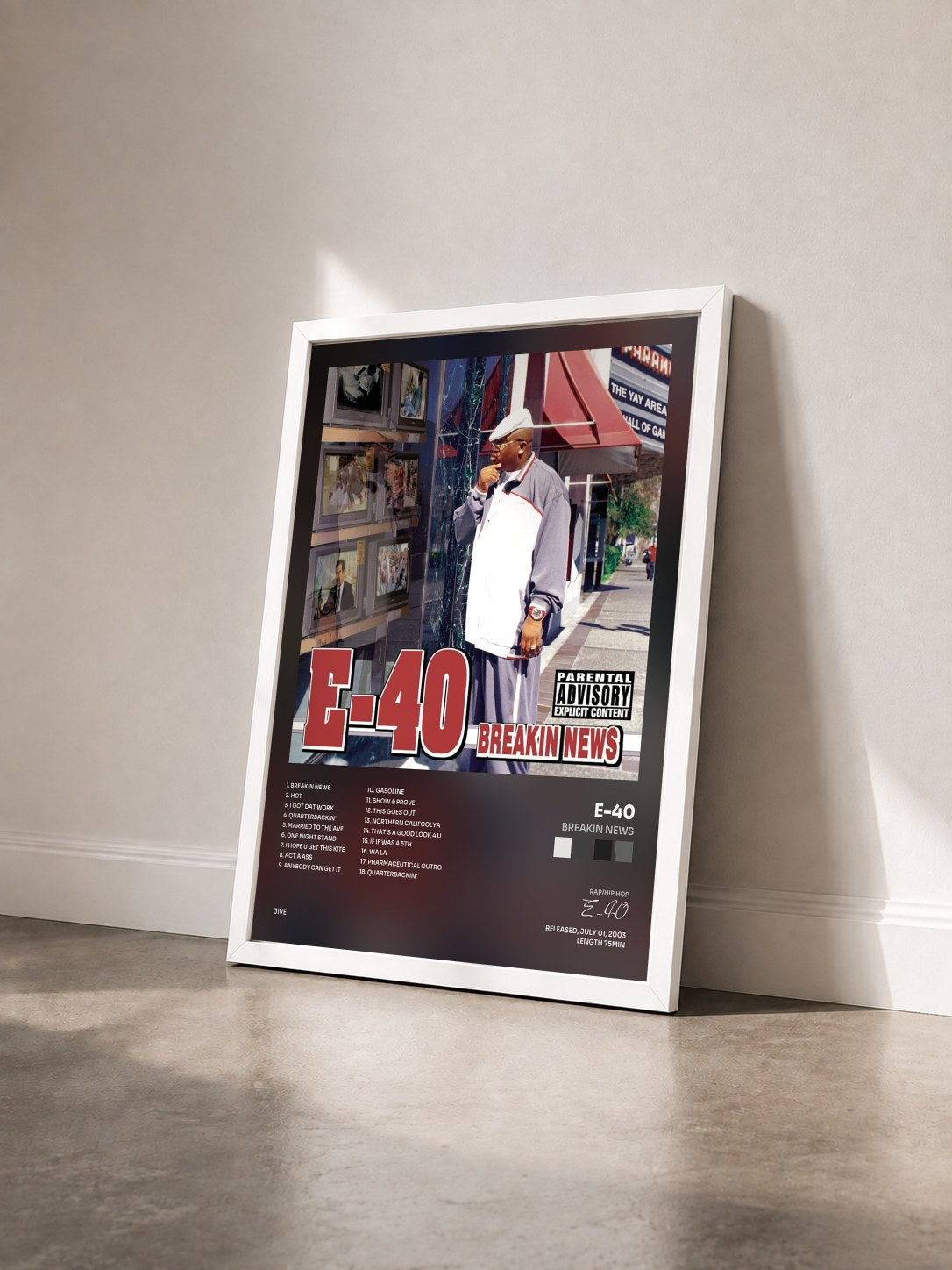 #blanc Tableau de l'album Breakin News de E-40 vu de trois quarts, cadre blanc