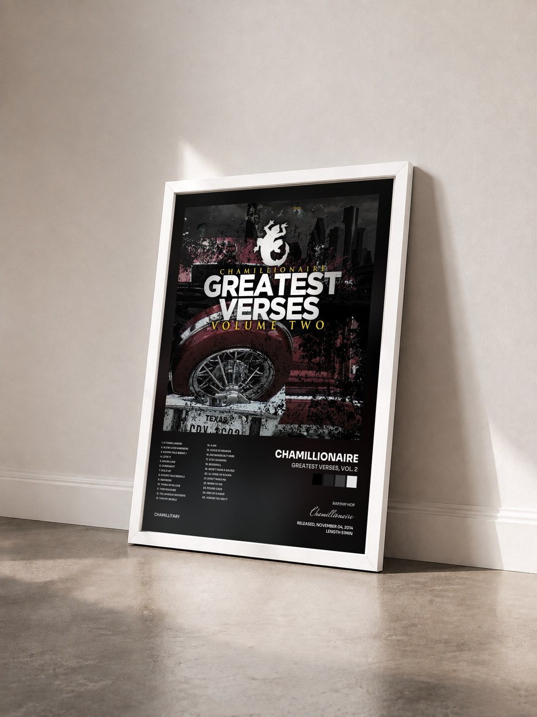#blanc Tableau de l'album Greatest Verses, Vol. 2 de Chamillionaire vu de trois quarts, cadre blanc