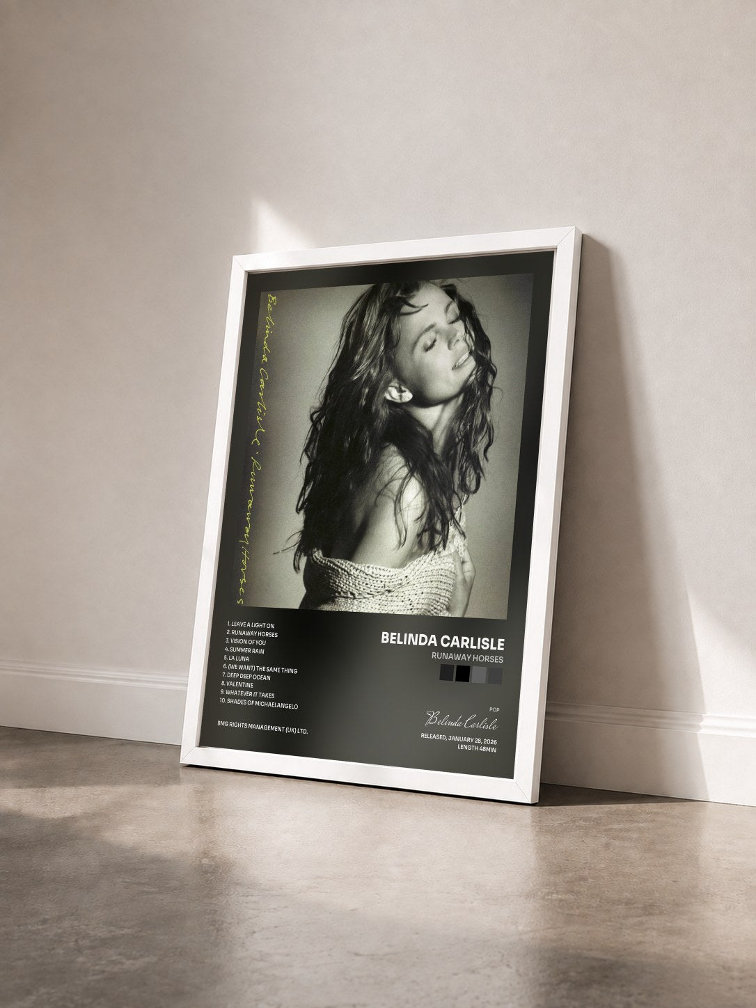 #blanc Tableau de l'album Runaway Horses de Belinda Carlisle vu de trois quarts, cadre blanc