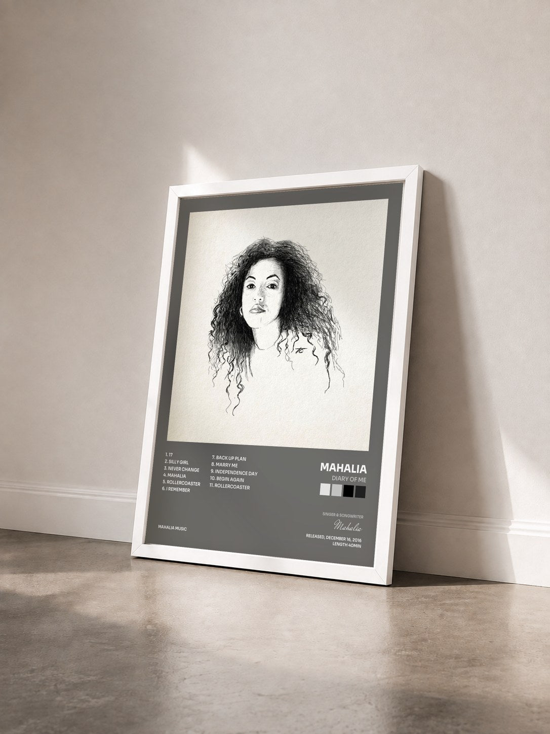 #blanc Tableau de l'album Diary of Me de Mahalia vu de trois quarts, cadre blanc