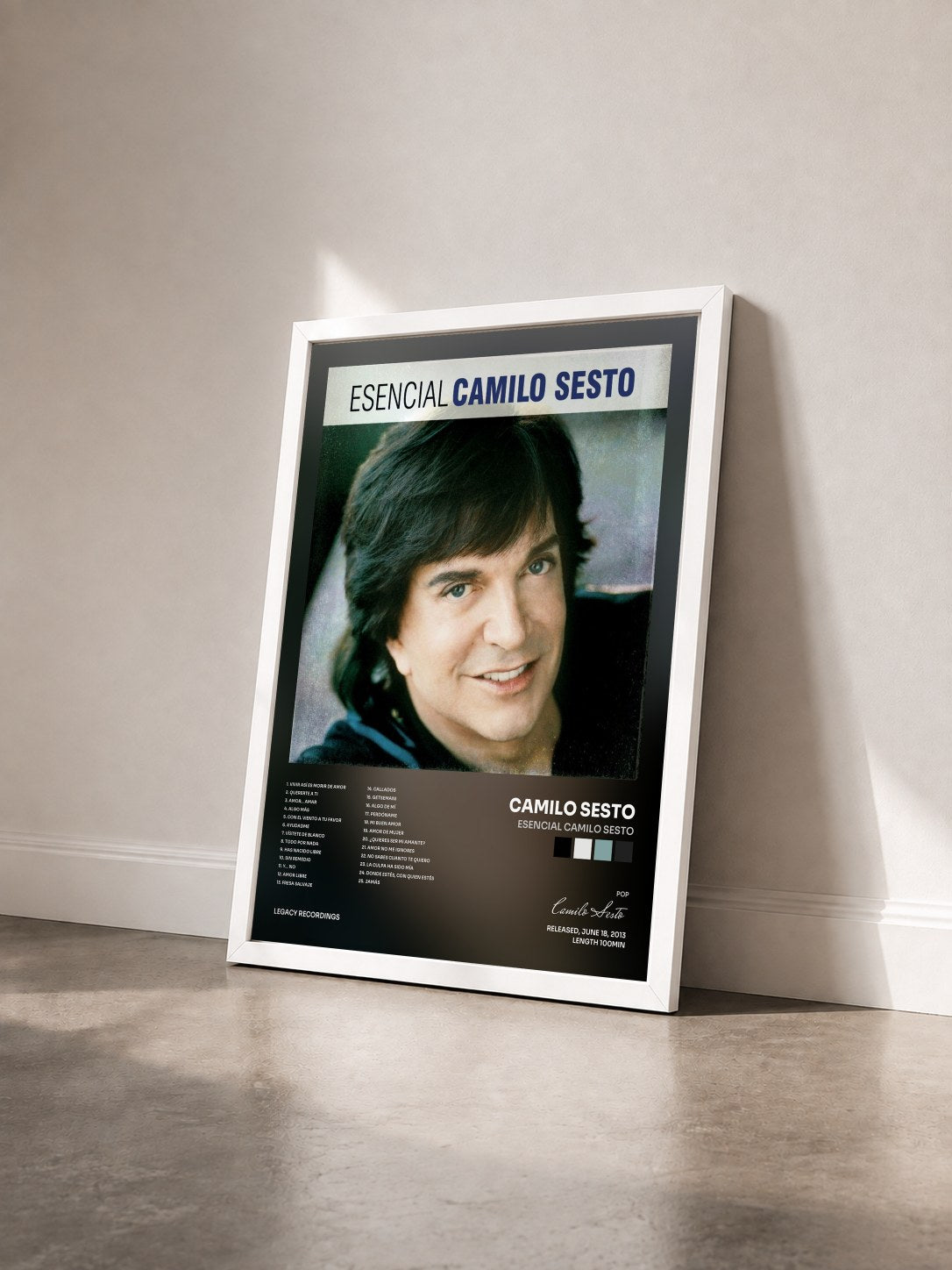 #blanc Tableau de l'album Esencial Camilo Sesto de Camilo Sesto vu de trois quarts, cadre blanc