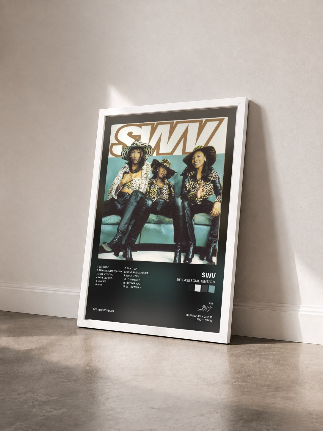 #blanc Tableau de l'album Release Some Tension de SWV vu de trois quarts, cadre blanc
