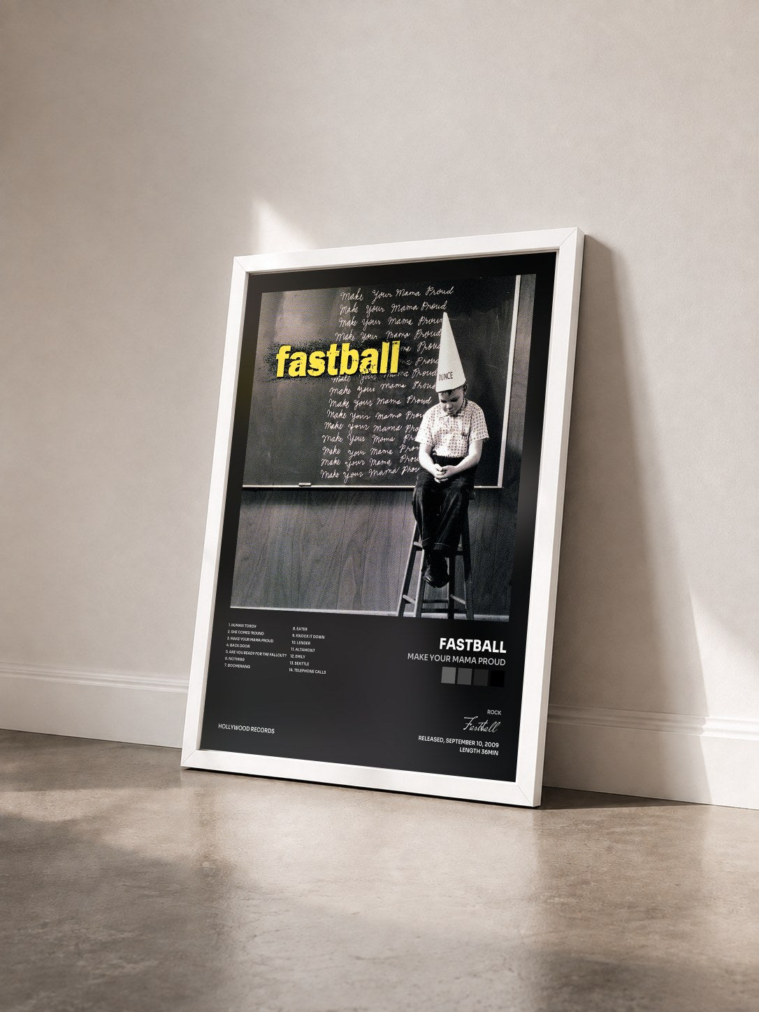#blanc Tableau de l'album Make Your Mama Proud de Fastball vu de trois quarts, cadre blanc