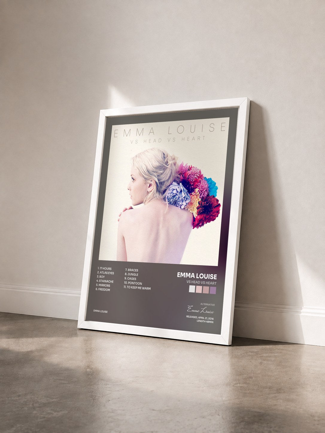 #blanc Tableau de l'album Vs Head Vs Heart de Emma Louise vu de trois quarts, cadre blanc