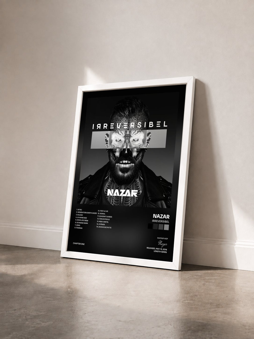 #blanc Tableau de l'album Irreversibel de Nazar vu de trois quarts, cadre blanc