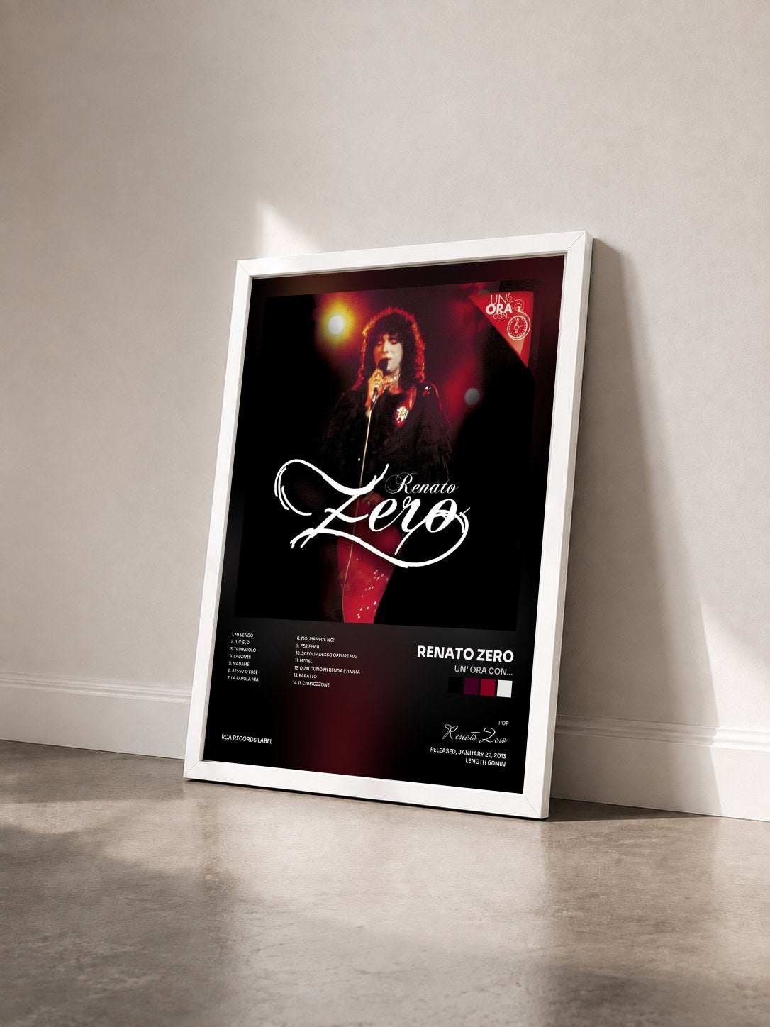 #blanc Tableau de l'album Un' ora con... de Renato Zero vu de trois quarts, cadre blanc