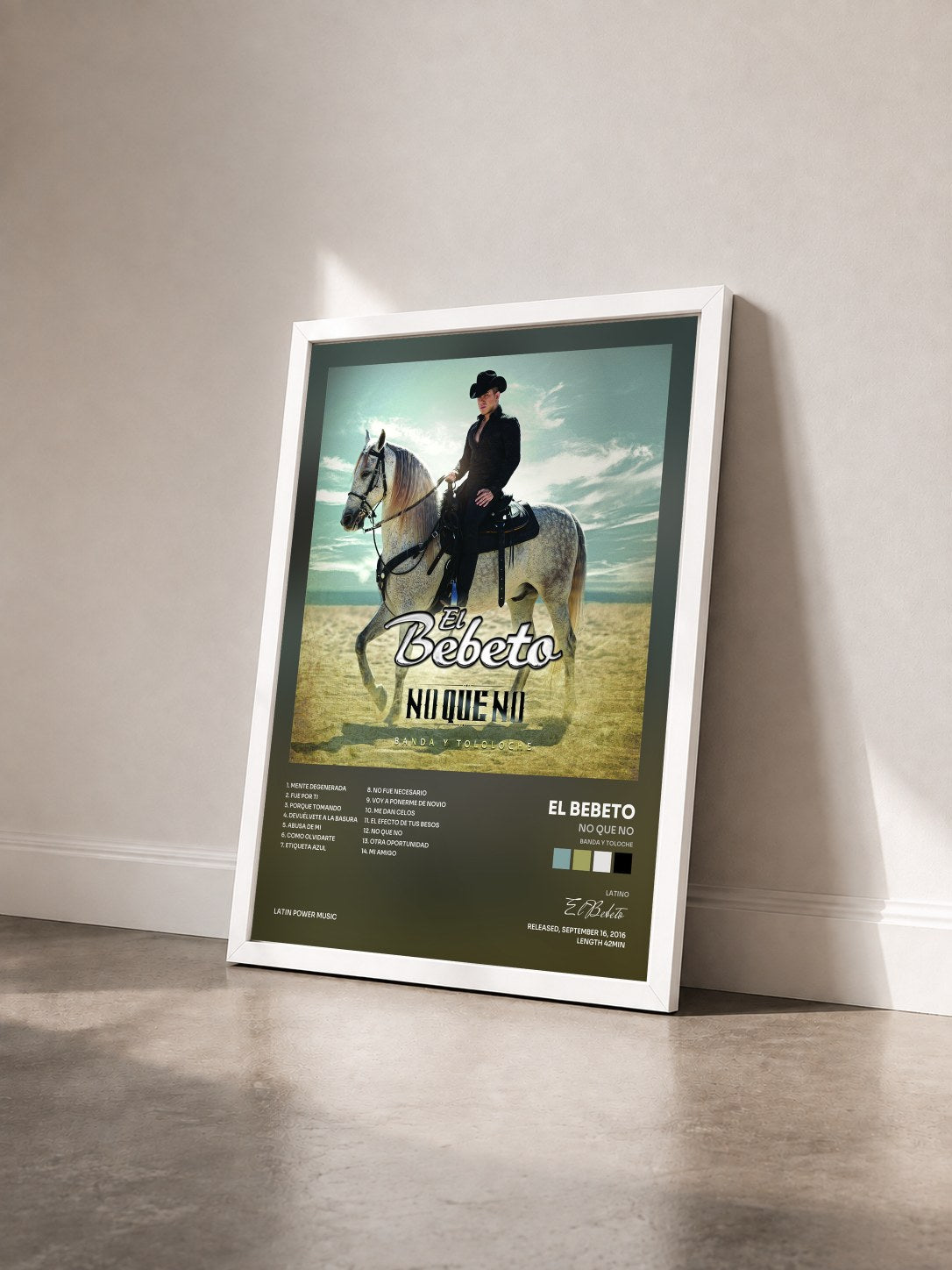 #blanc Tableau de l'album No Que No (Banda Y Toloche) de El Bebeto vu de trois quarts, cadre blanc