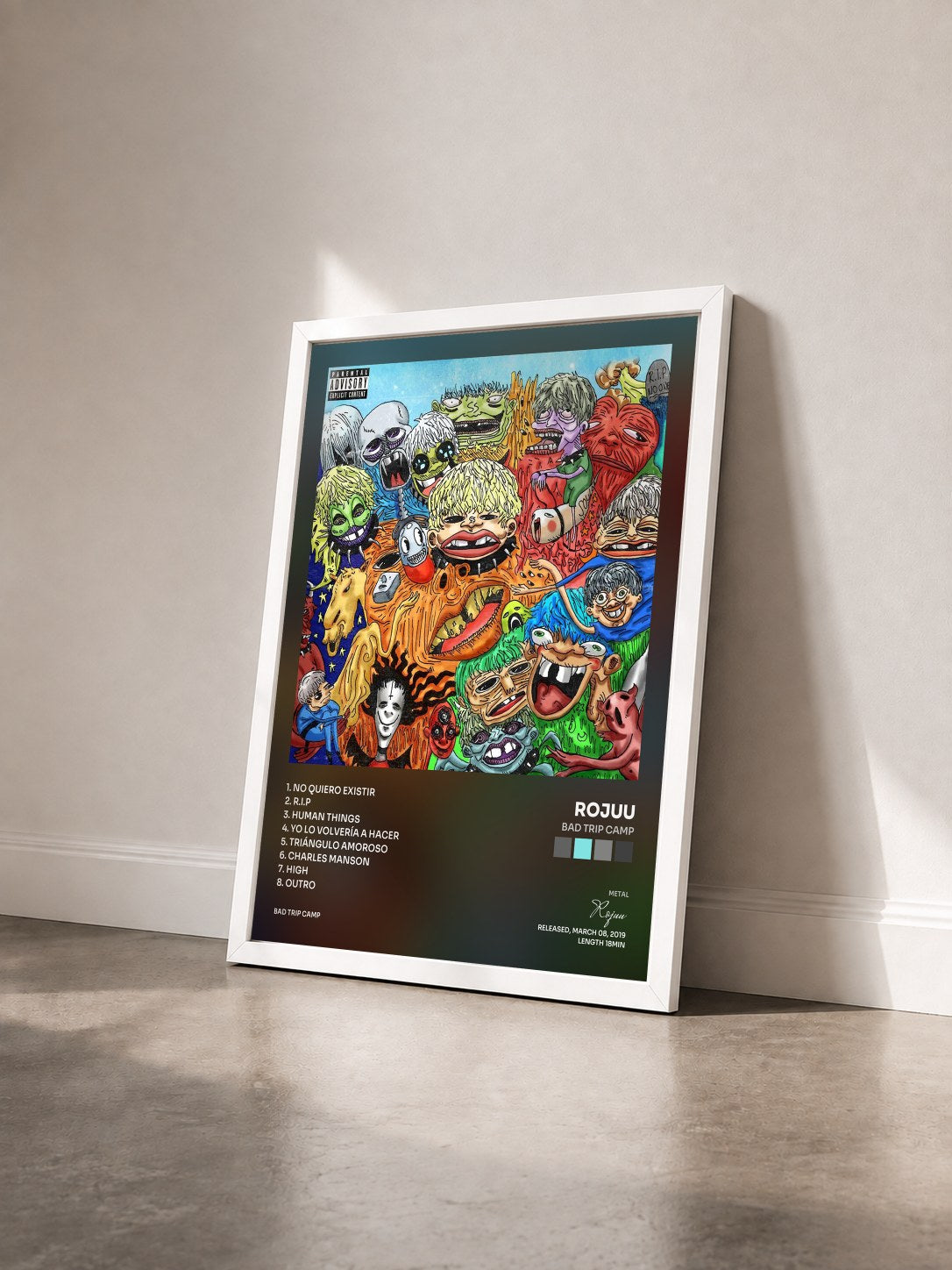 #blanc Tableau de l'album Bad Trip Camp de Rojuu vu de trois quarts, cadre blanc