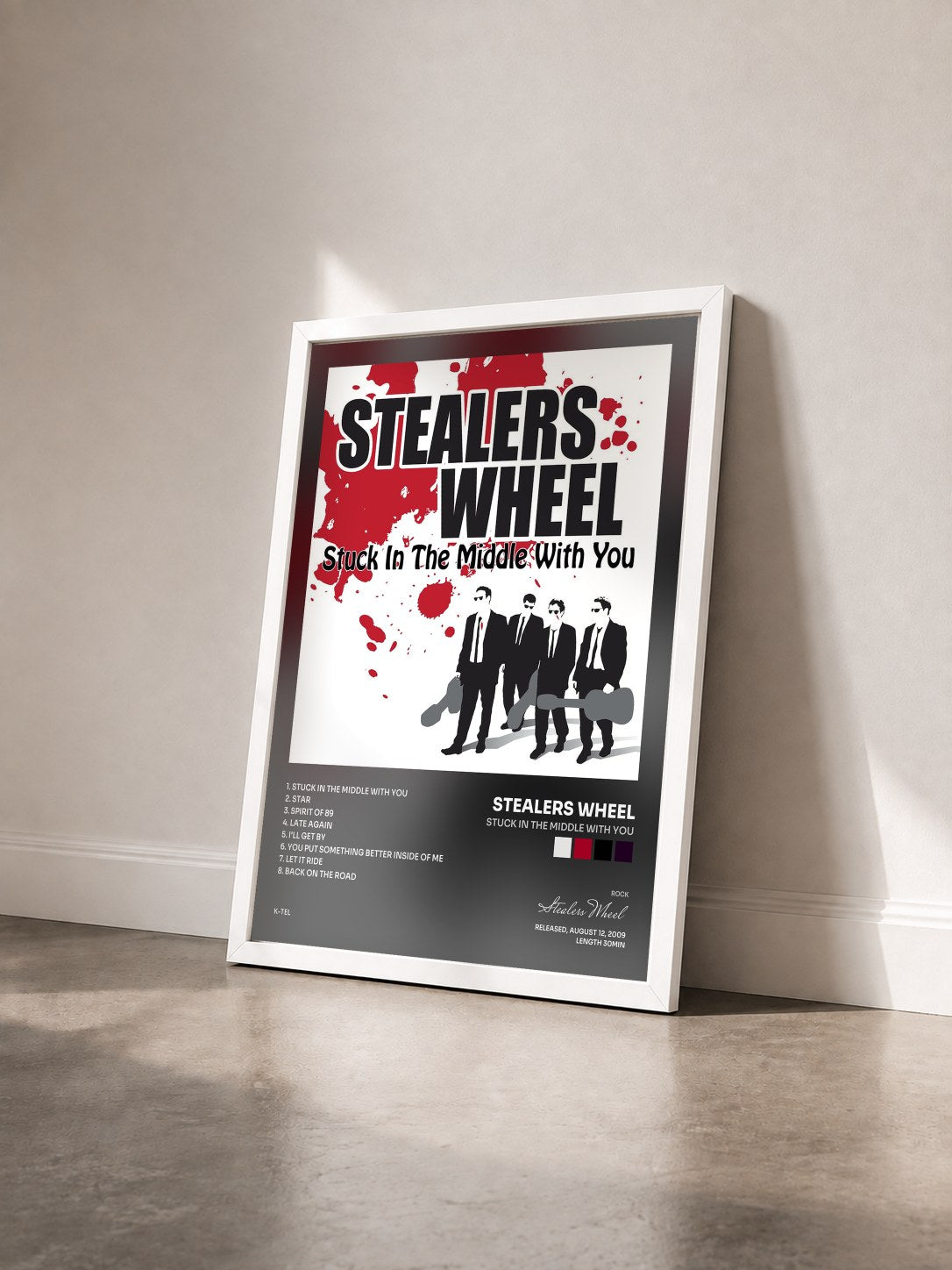 #blanc Tableau de l'album Stuck in the Middle with You de Stealers Wheel vu de trois quarts, cadre blanc