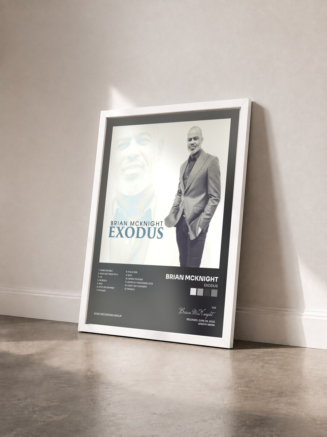 #blanc Tableau de l'album Exodus de Brian McKnight vu de trois quarts, cadre blanc