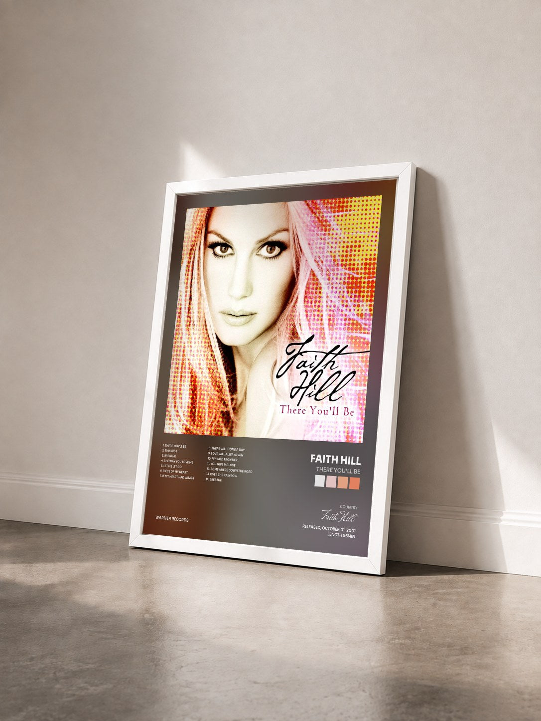 #blanc Tableau de l'album There You'll Be de Faith Hill vu de trois quarts, cadre blanc