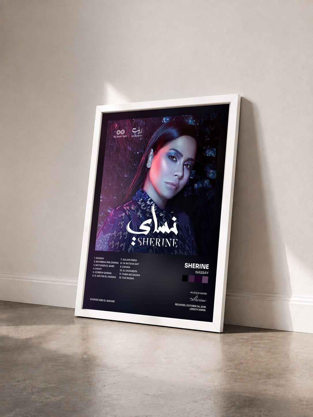 #blanc Tableau de l'album Nassay de Sherine vu de trois quarts, cadre blanc