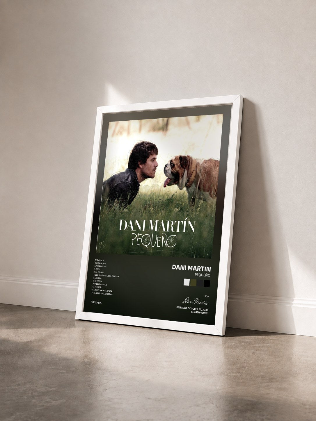 #blanc Tableau de l'album Pequeño de Dani Martin vu de trois quarts, cadre blanc