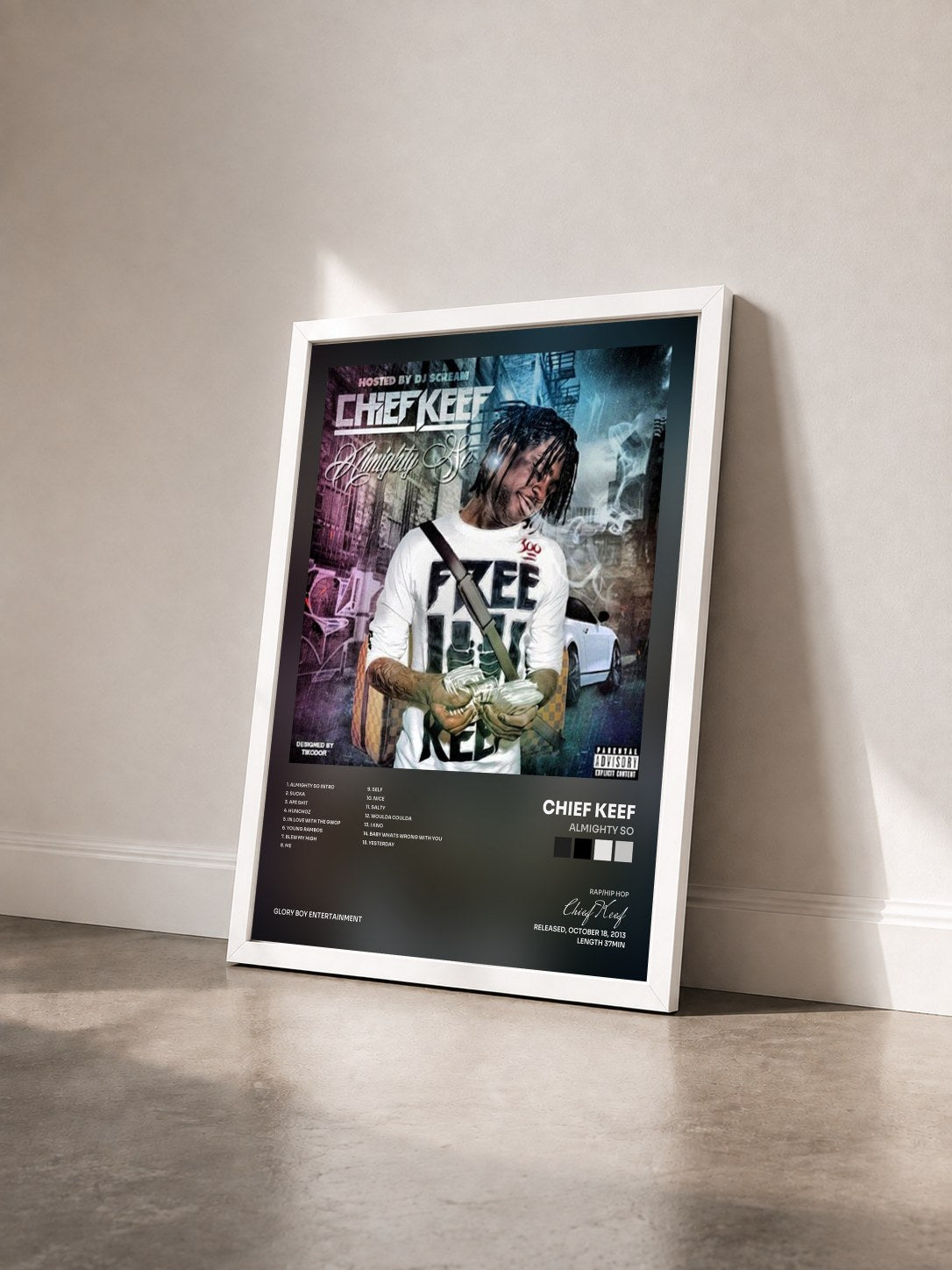 #blanc Tableau de l'album Almighty So de Chief Keef vu de trois quarts, cadre blanc