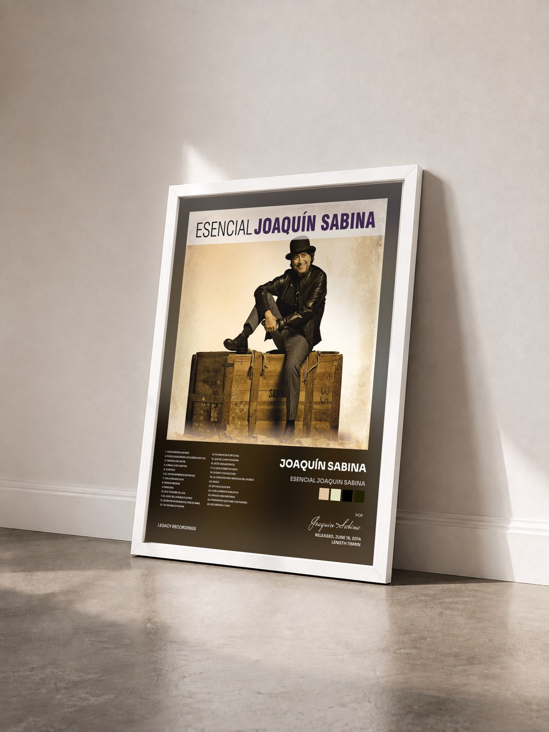 #blanc Tableau de l'album Esencial Joaquin Sabina de Joaquín Sabina vu de trois quarts, cadre blanc