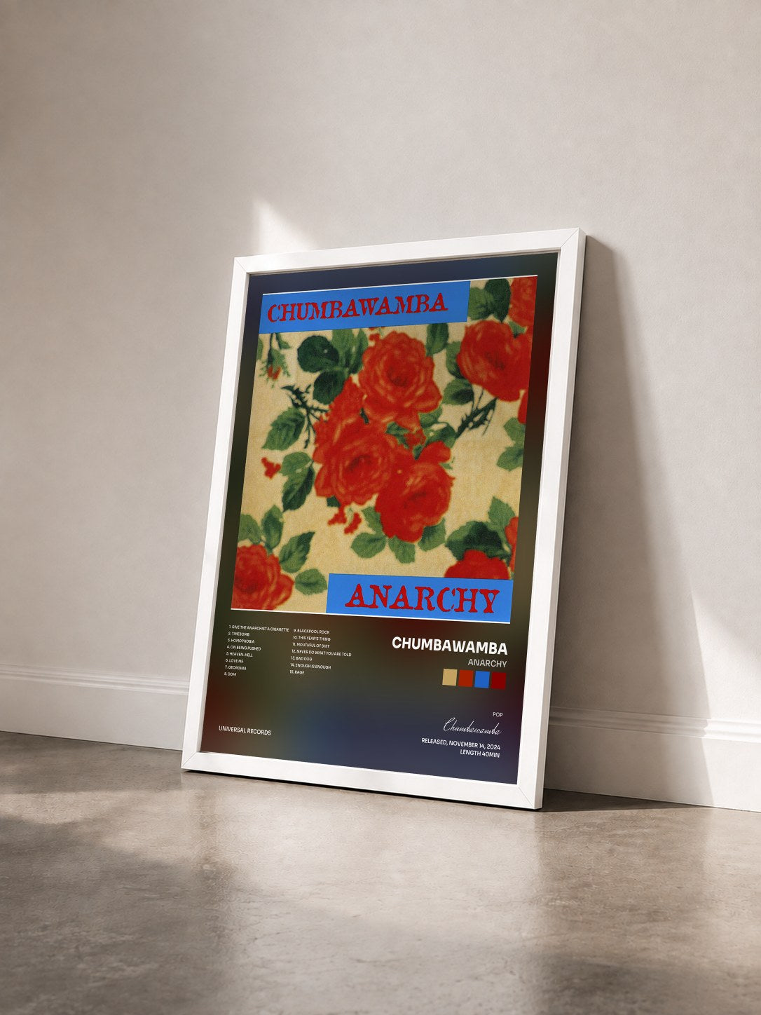 #blanc Tableau de l'album Anarchy de Chumbawamba vu de trois quarts, cadre blanc