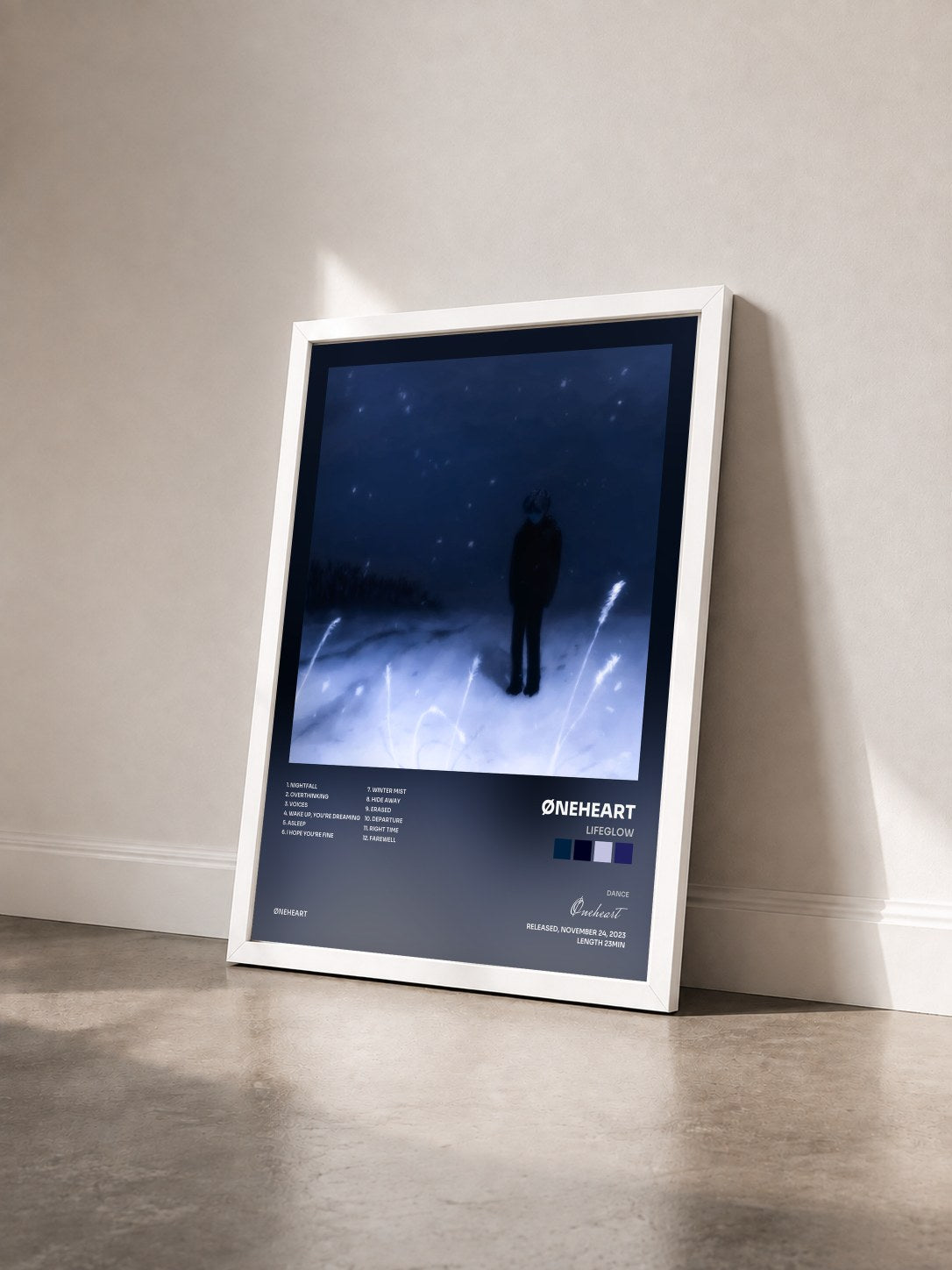 #blanc Tableau de l'album Lifeglow de Øneheart vu de trois quarts, cadre blanc