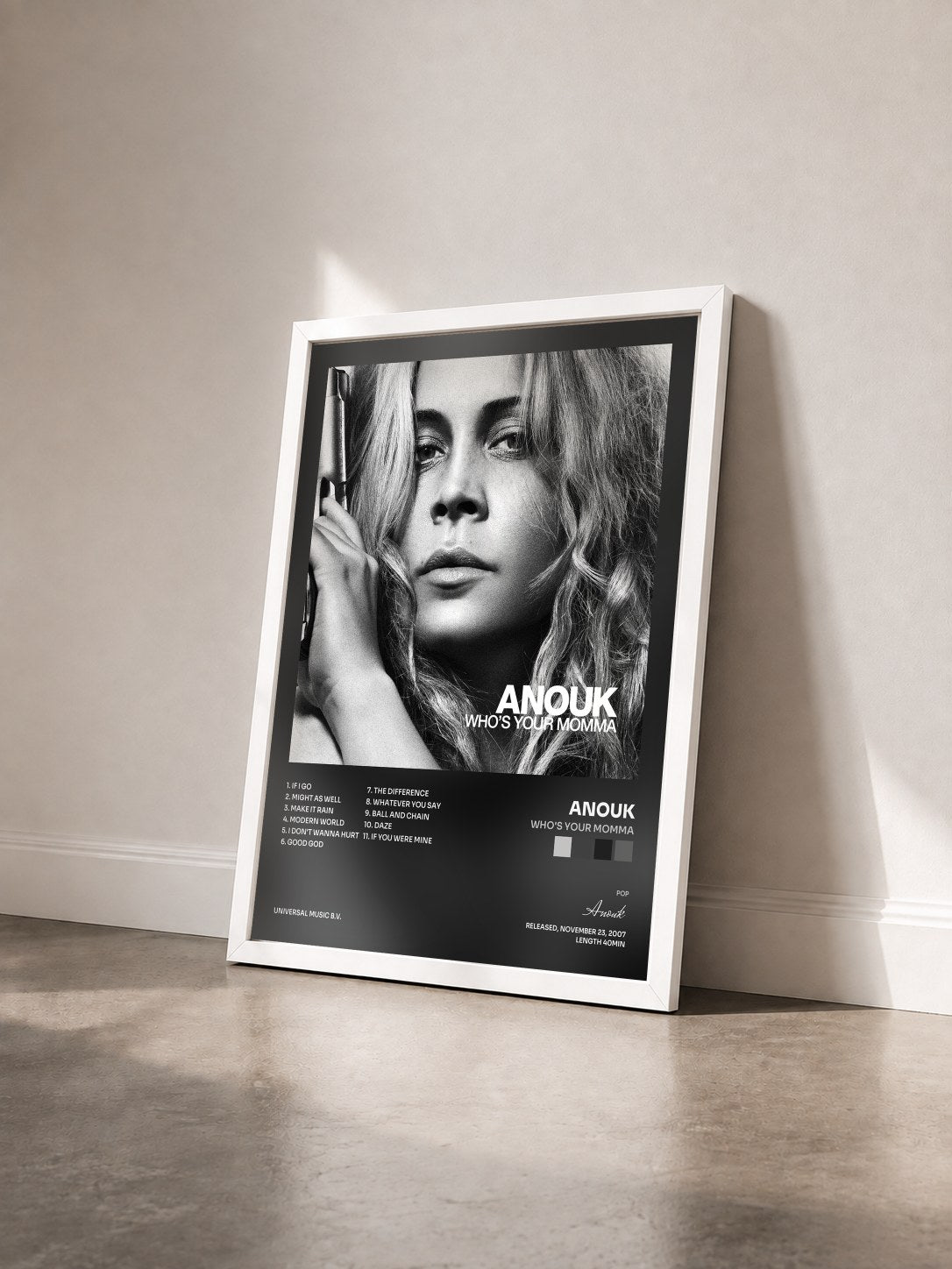 #blanc Tableau de l'album Who's Your Momma de Anouk vu de trois quarts, cadre blanc