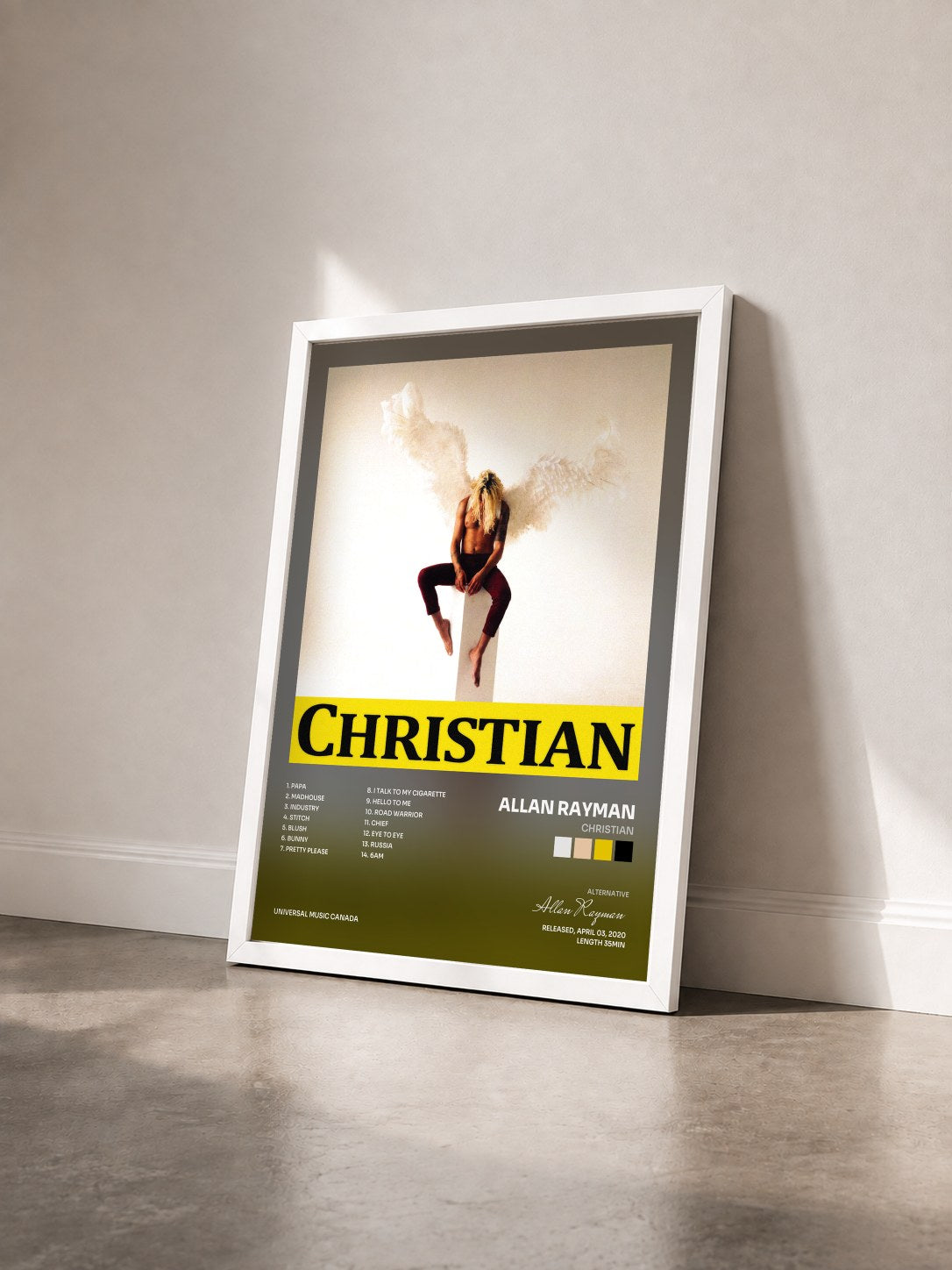 #blanc Tableau de l'album Christian de Allan Rayman vu de trois quarts, cadre blanc