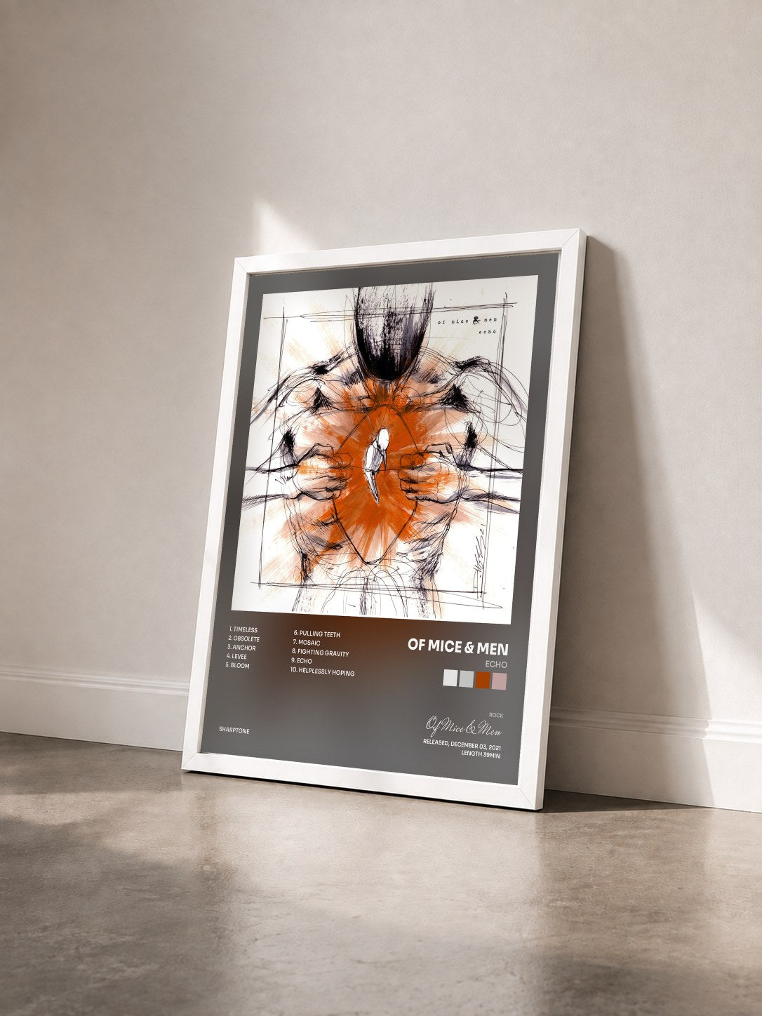 #blanc Tableau de l'album Echo de Of Mice & Men vu de trois quarts, cadre blanc