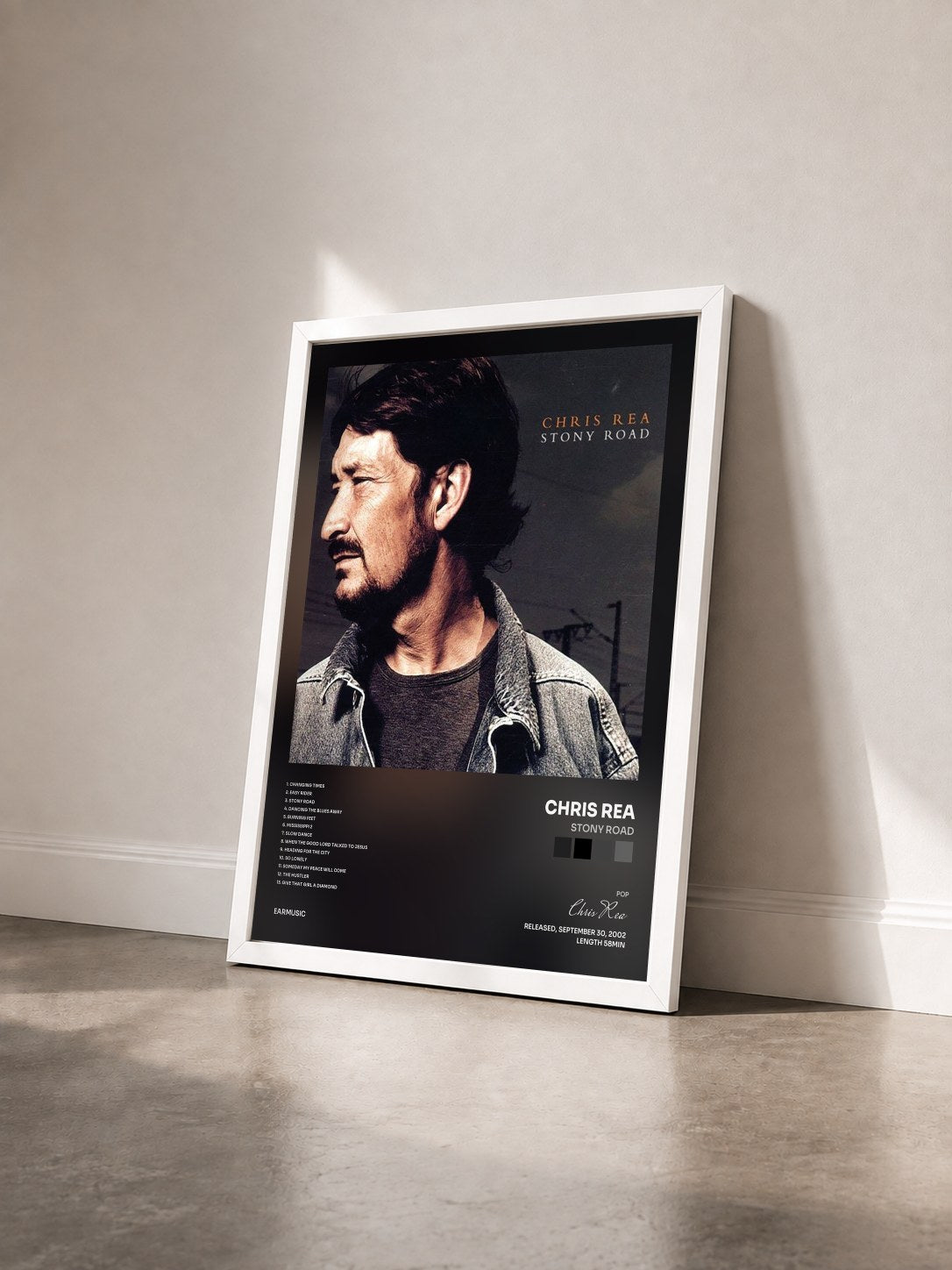 #blanc Tableau de l'album Stony Road de Chris Rea vu de trois quarts, cadre blanc