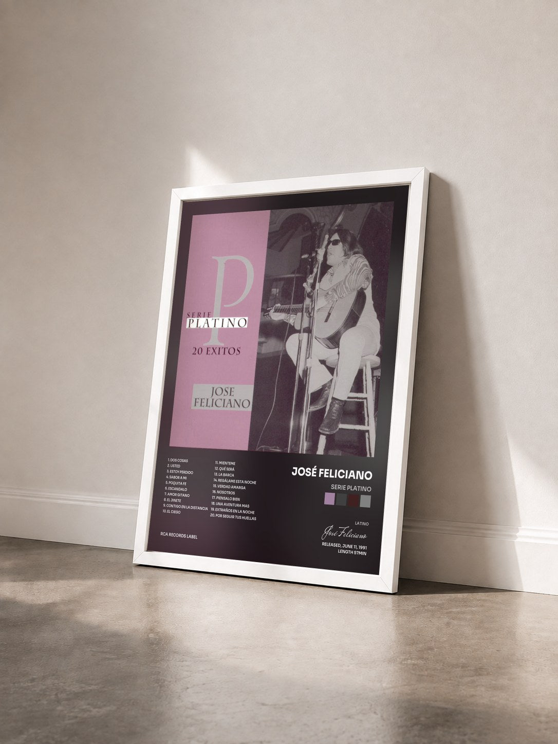#blanc Tableau de l'album Serie Platino de José Feliciano vu de trois quarts, cadre blanc