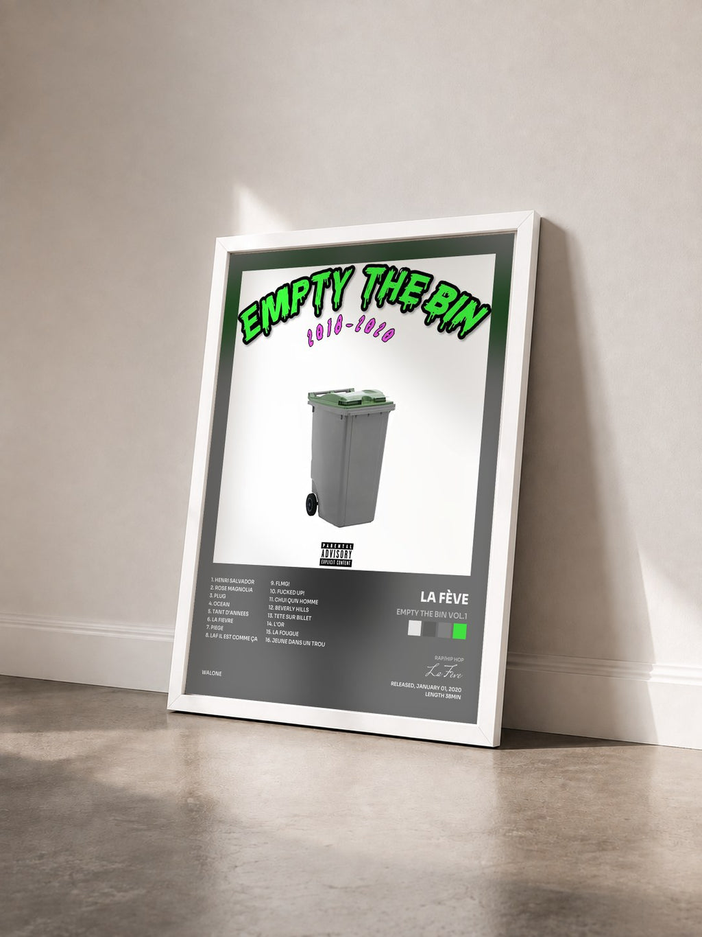 #blanc Tableau de l'album EMPTY THE BIN VOL.1 de La Fève vu de trois quarts, cadre blanc
