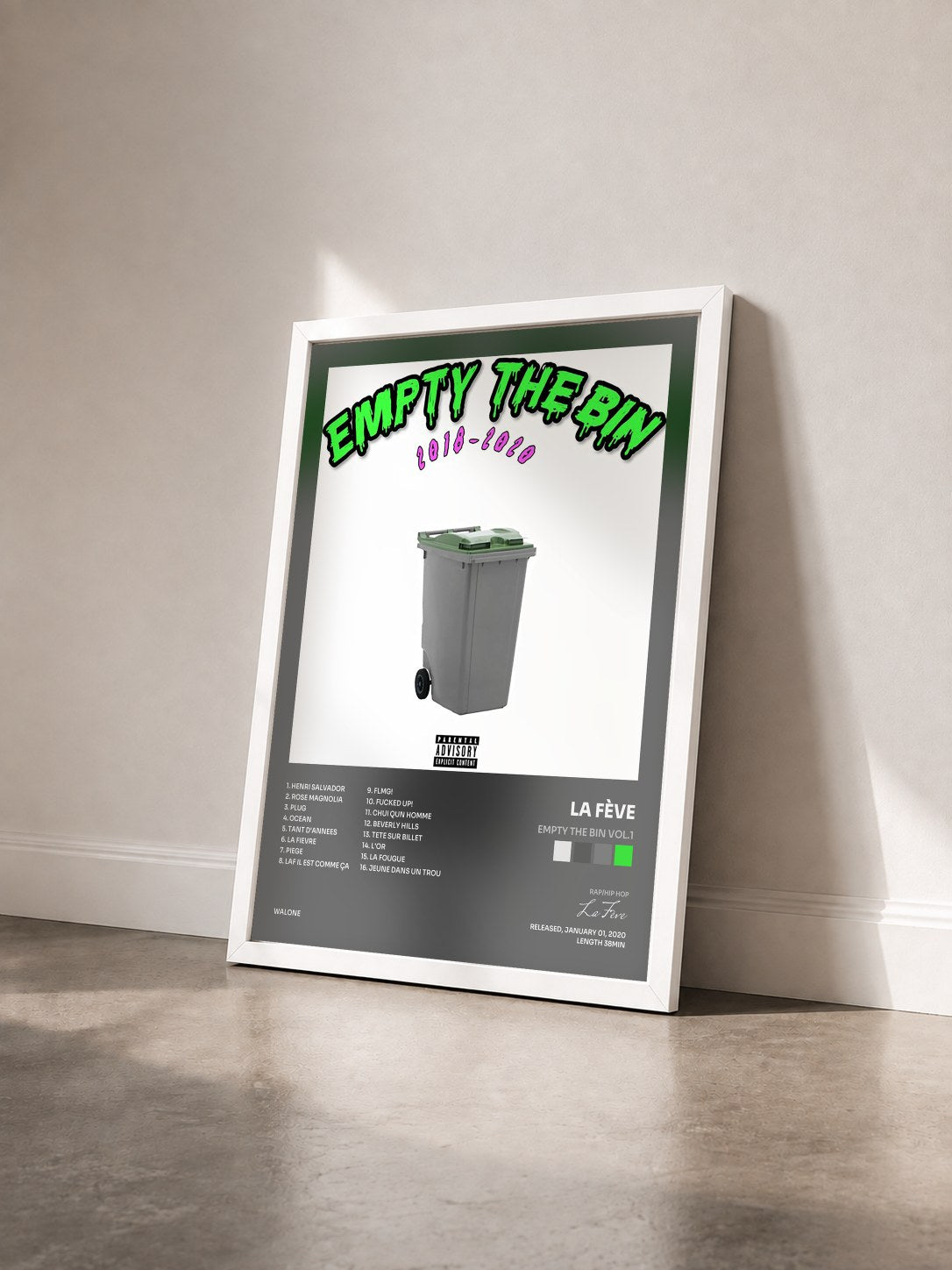 #blanc Tableau de l'album EMPTY THE BIN VOL.1 de La Fève vu de trois quarts, cadre blanc