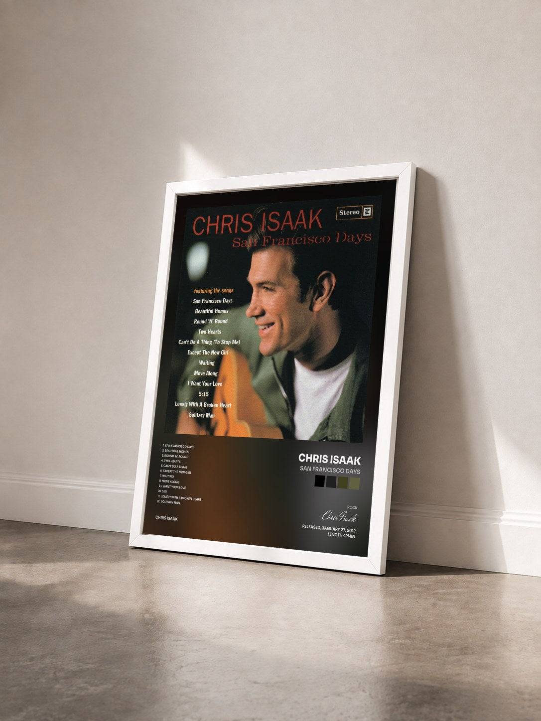 #blanc Tableau de l'album San Francisco Days de Chris Isaak vu de trois quarts, cadre blanc