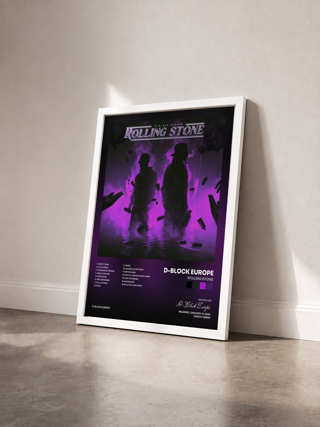 #blanc Tableau de l'album Rolling Stone de D-Block Europe vu de trois quarts, cadre blanc