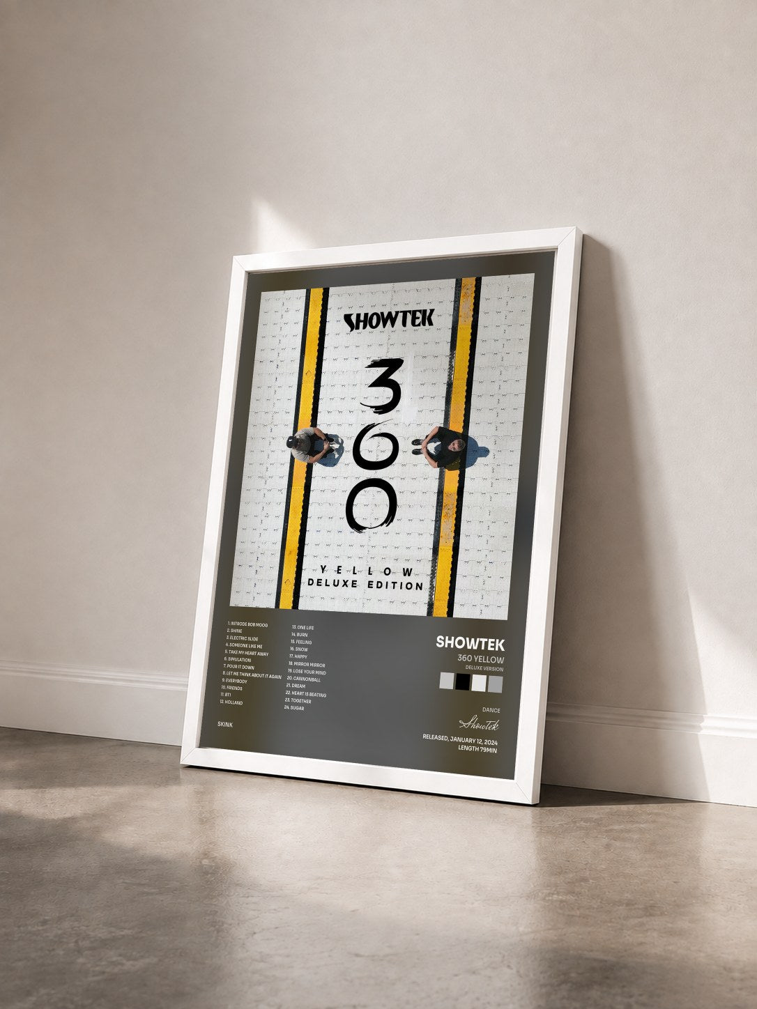 #blanc 360 Yellow (Deluxe Version) by Showtek as a framed art print seen at an angle, white frame