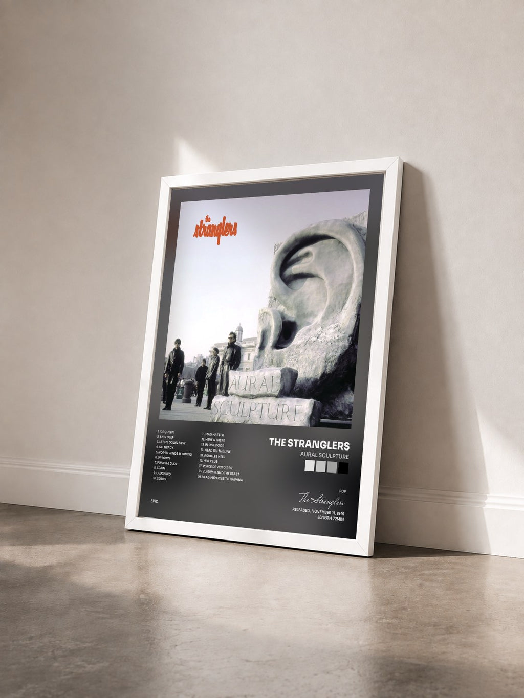 #blanc Aural Sculpture by The Stranglers as a framed art print seen at an angle, white frame