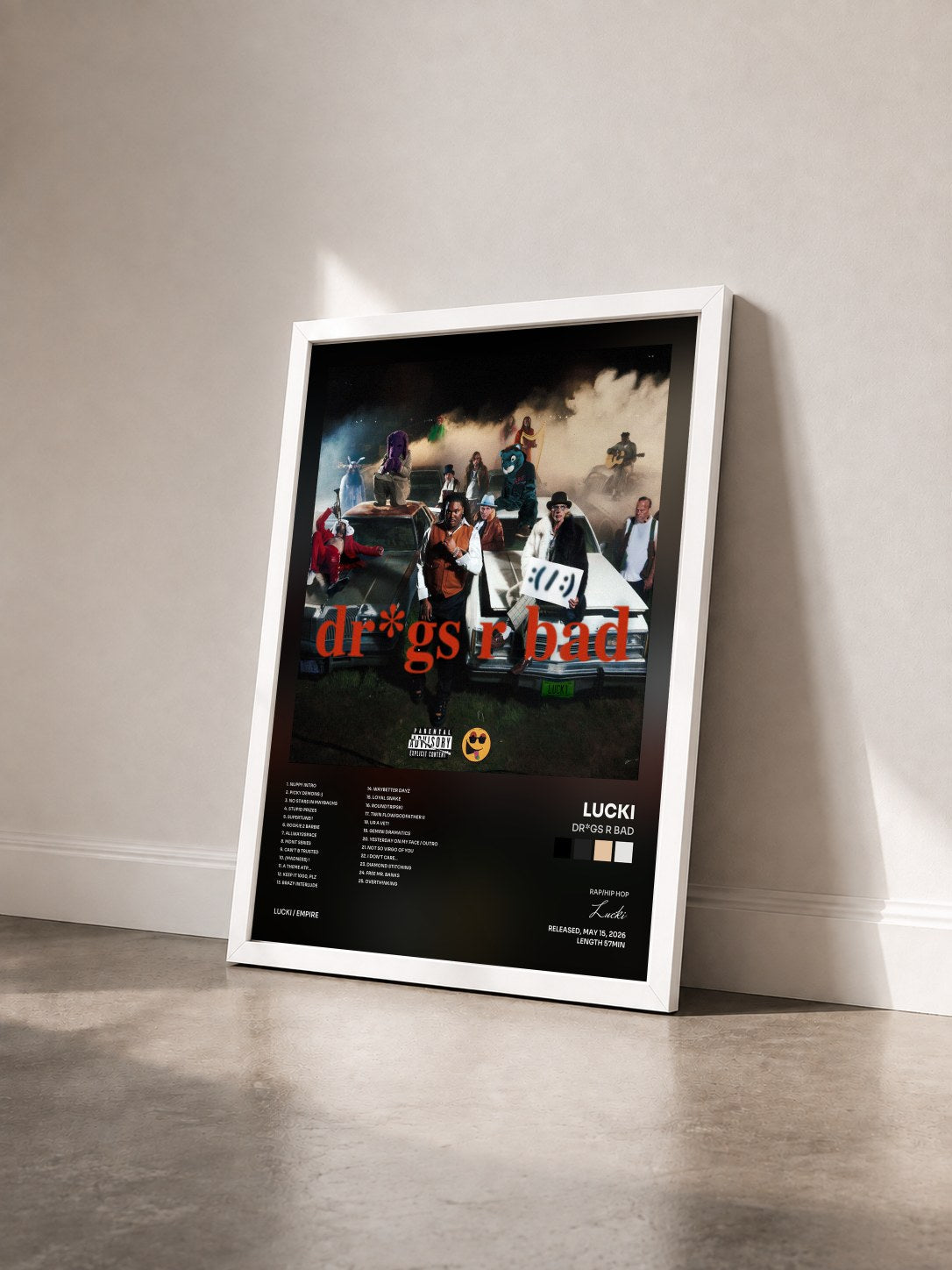 #blanc Tableau de l'album Dr*gs R Bad de Lucki vu de trois quarts, cadre blanc