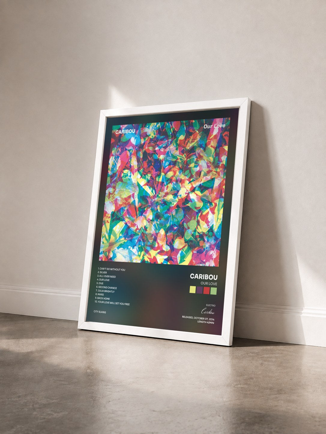 #blanc Tableau de l'album Our Love de Caribou vu de trois quarts, cadre blanc
