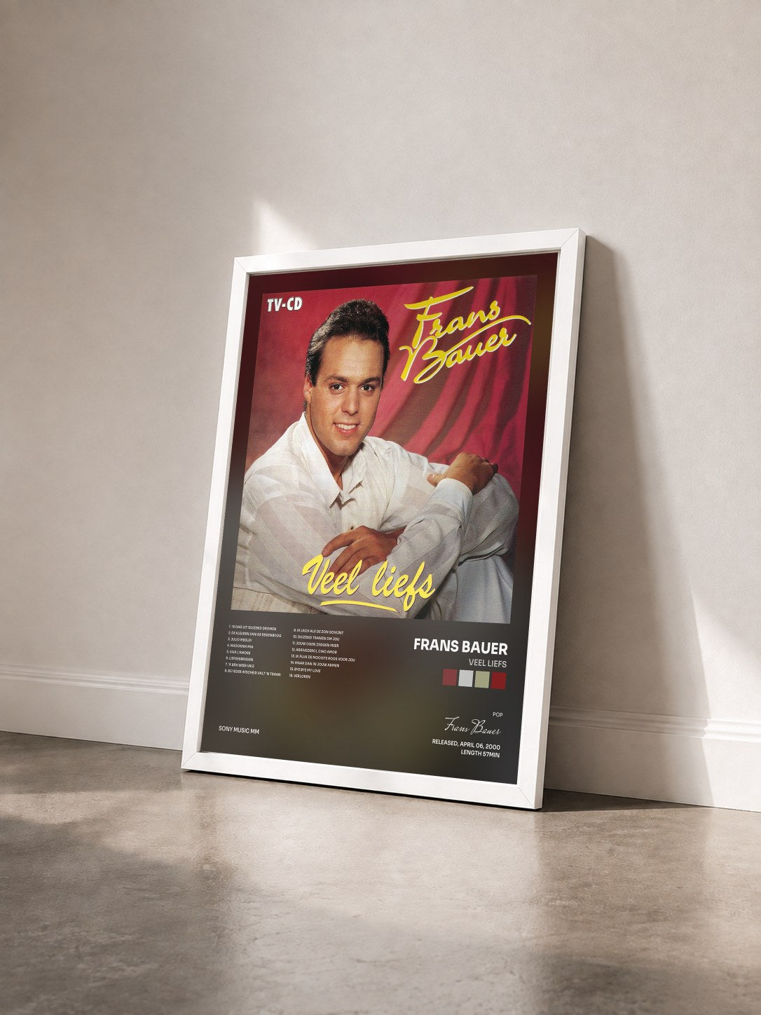 #blanc Tableau de l'album Veel Liefs de Frans Bauer vu de trois quarts, cadre blanc