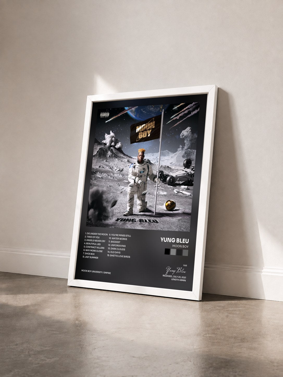 #blanc Tableau de l'album Moon Boy de Yung Bleu vu de trois quarts, cadre blanc