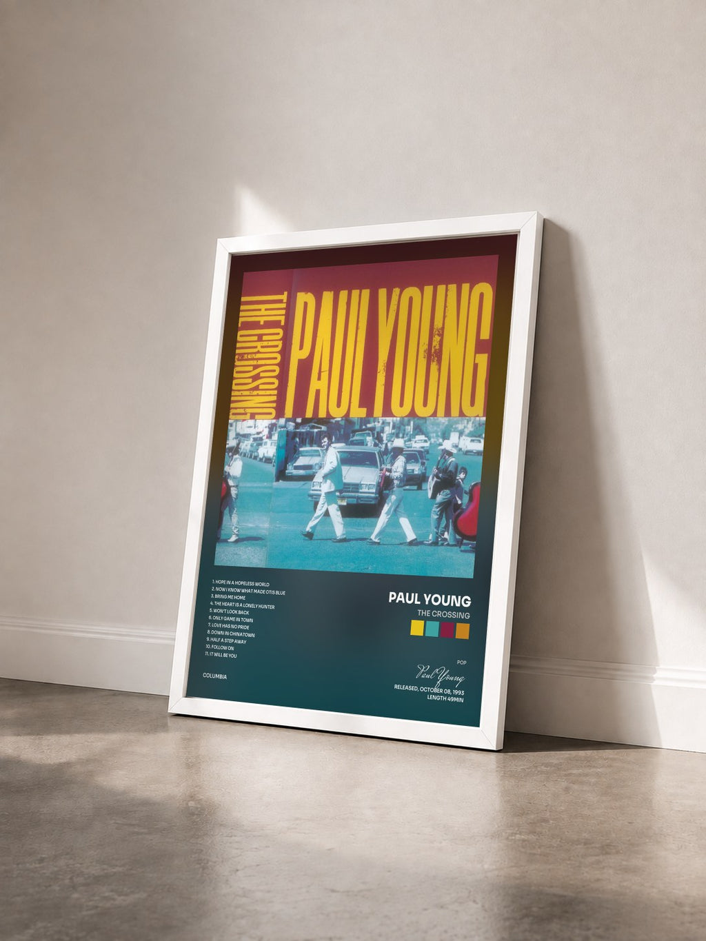 #blanc Tableau de l'album THE CROSSING de Paul Young vu de trois quarts, cadre blanc