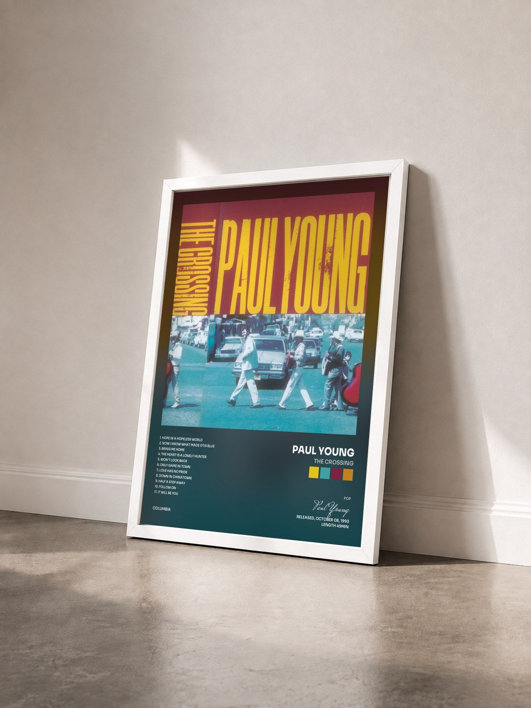 #blanc Tableau de l'album THE CROSSING de Paul Young vu de trois quarts, cadre blanc