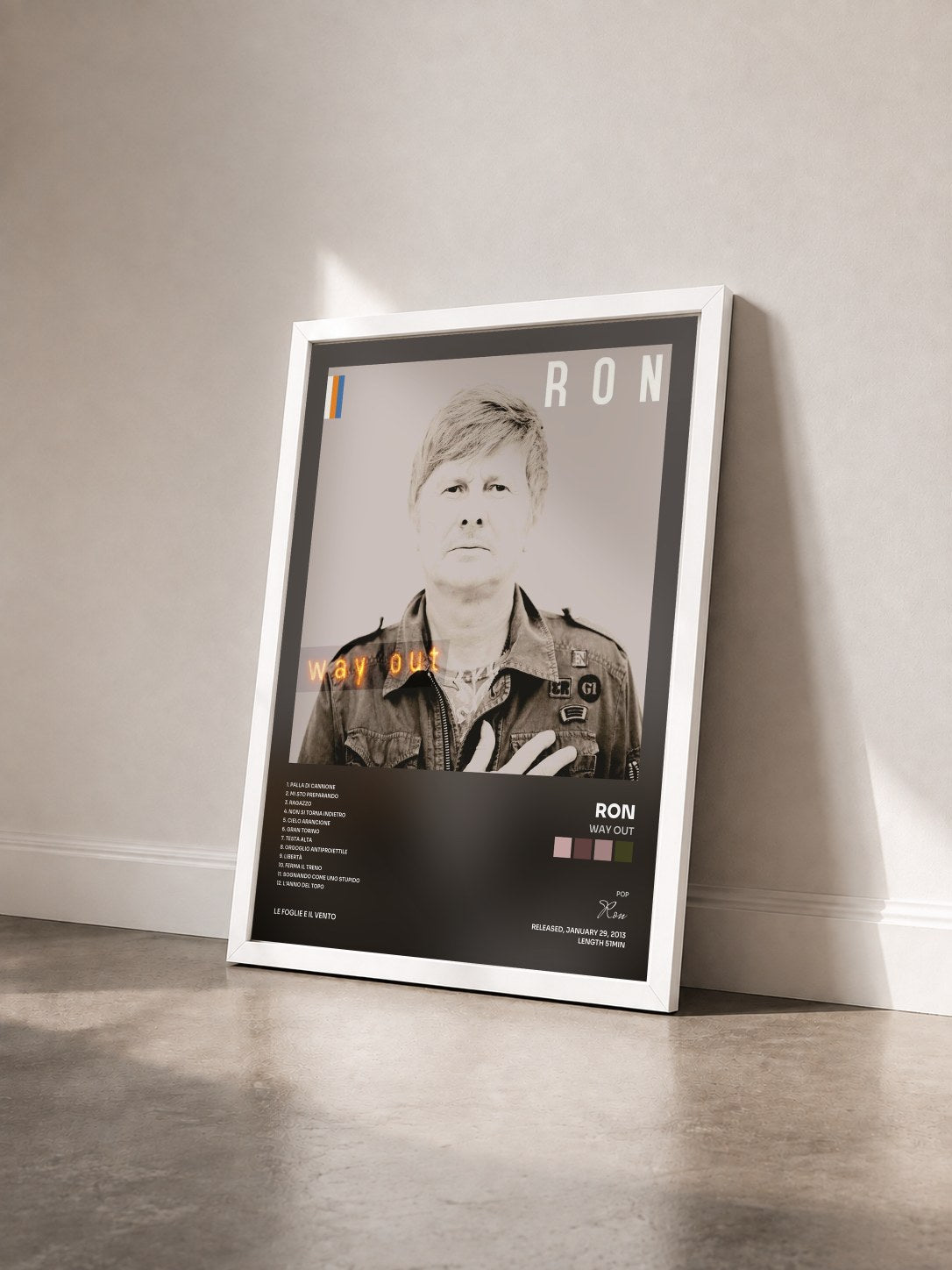 #blanc Tableau de l'album Way Out de Ron vu de trois quarts, cadre blanc