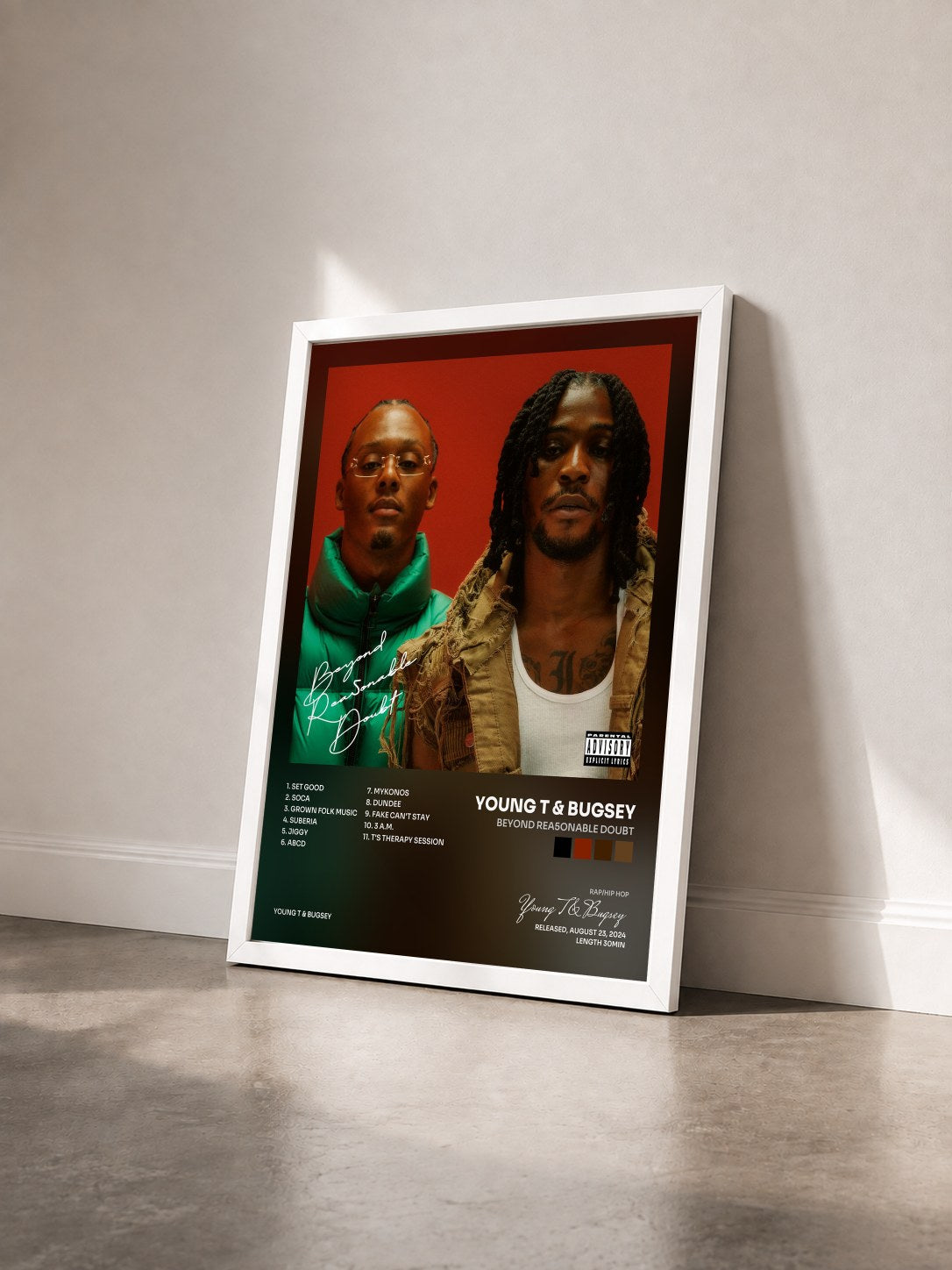 #blanc Tableau de l'album Beyond Rea5onable Doubt de Young T & Bugsey vu de trois quarts, cadre blanc