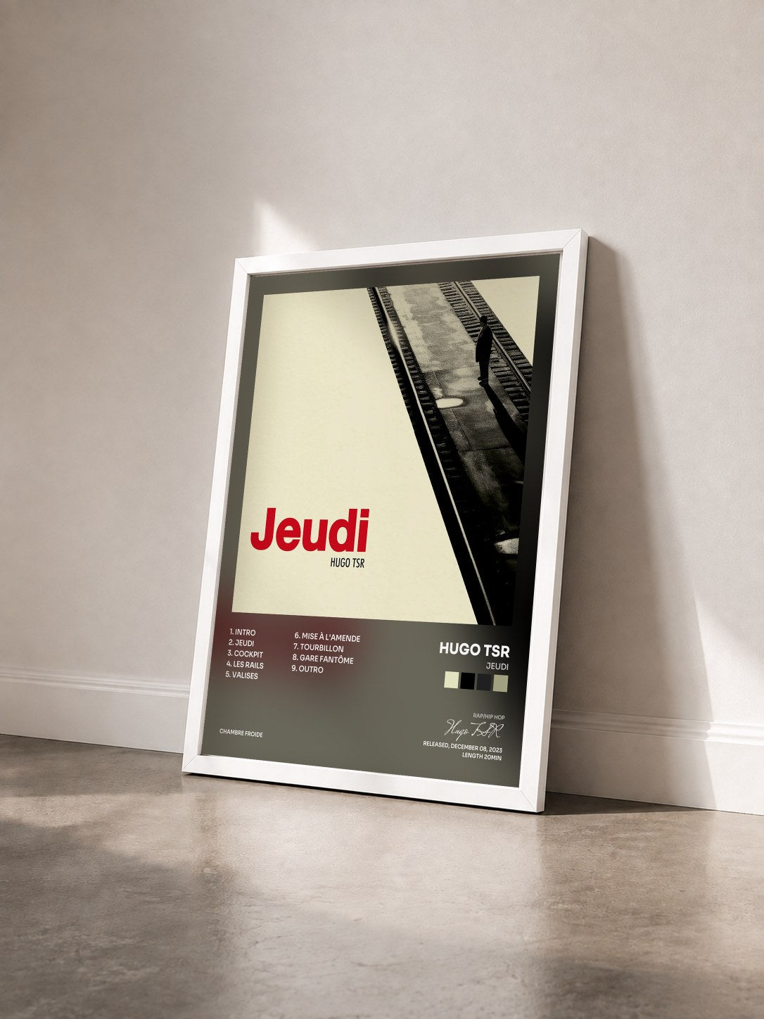 #blanc Tableau de l'album Jeudi de Hugo TSR vu de trois quarts, cadre blanc