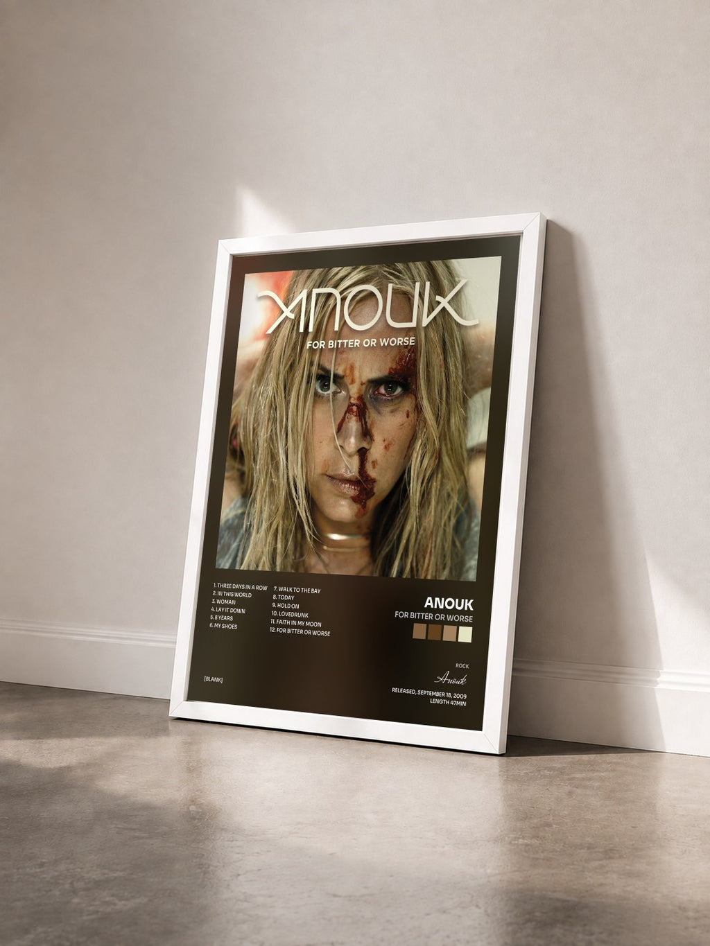 #blanc Tableau de l'album For Bitter Or Worse de Anouk vu de trois quarts, cadre blanc