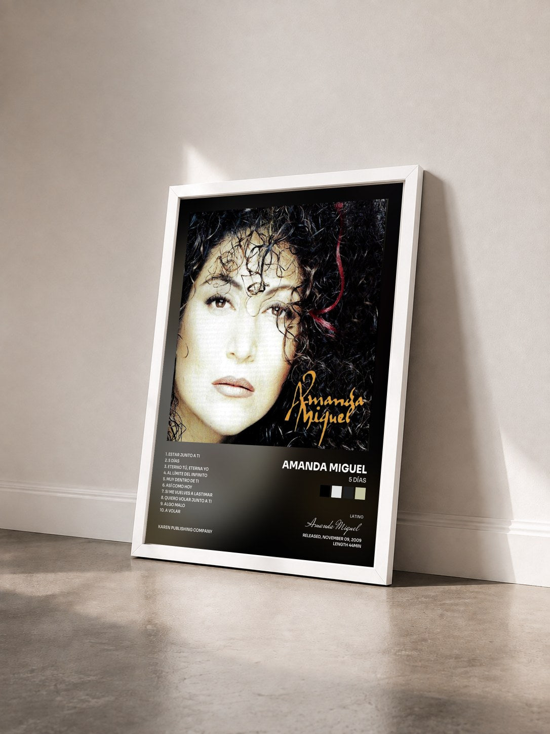 #blanc Tableau de l'album 5 Días de Amanda Miguel vu de trois quarts, cadre blanc