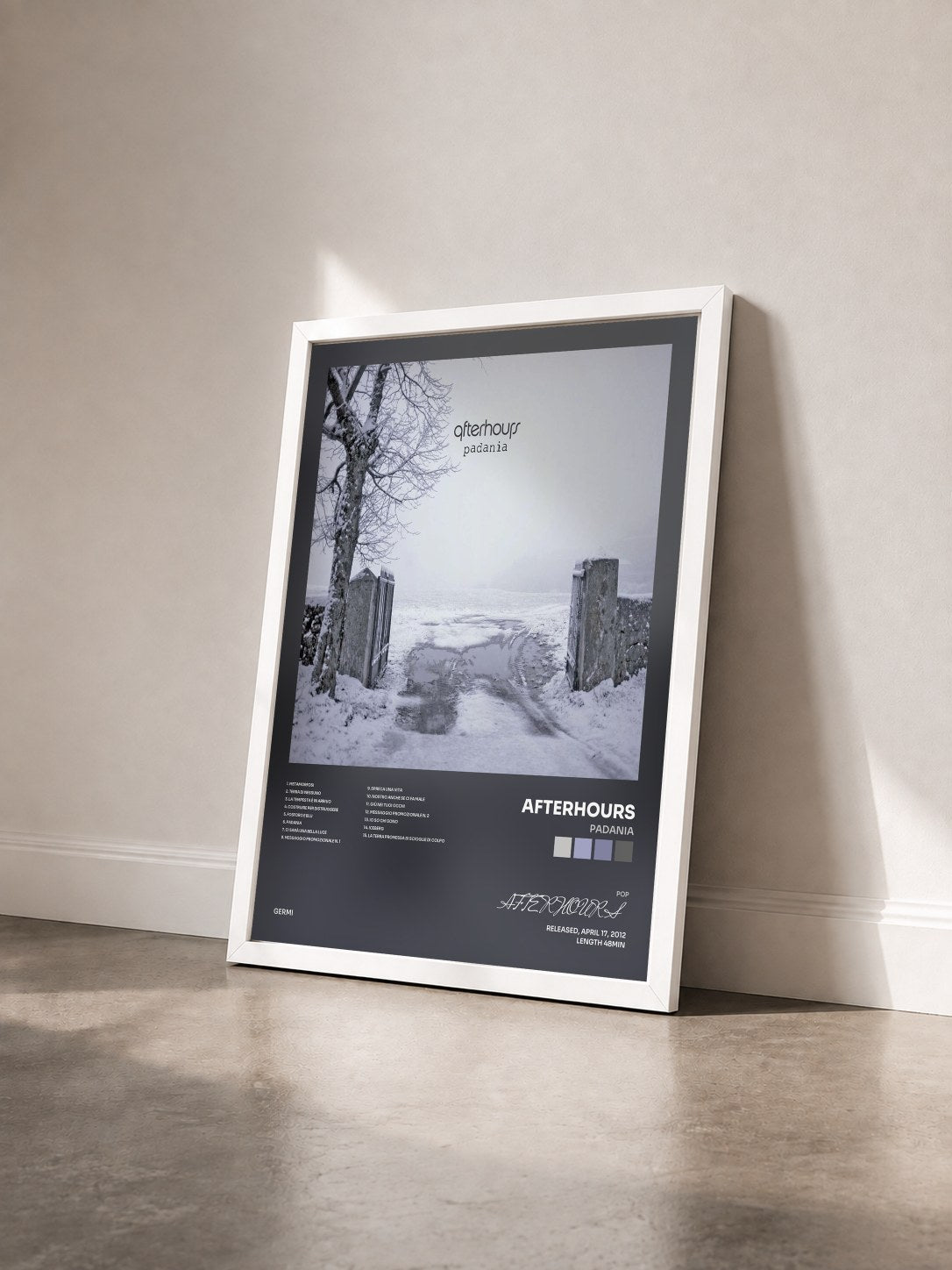 #blanc Tableau de l'album Padania de AFTERHOURS vu de trois quarts, cadre blanc