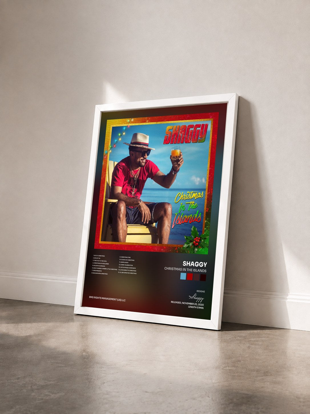 #blanc Tableau de l'album Christmas in the Islands de Shaggy vu de trois quarts, cadre blanc